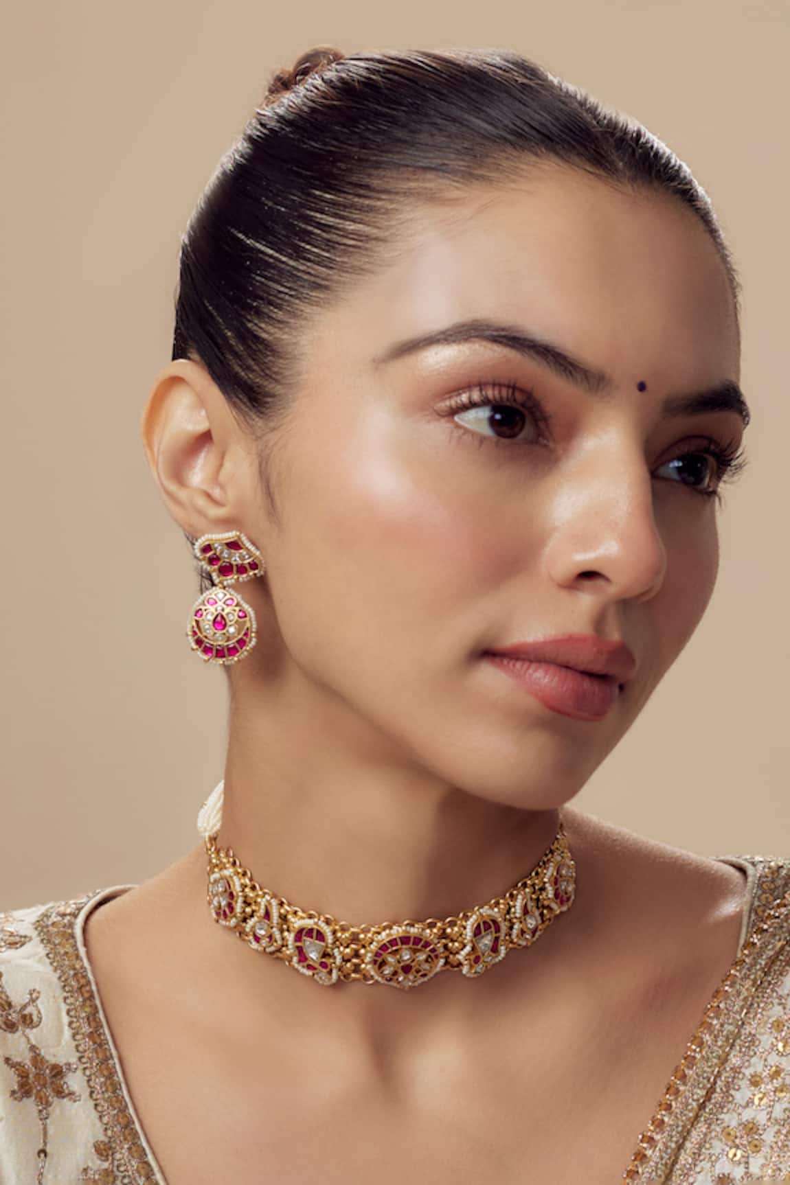 Vivinia By Vidhi Mehra Gold & Pink Beaded Jewellery Set 