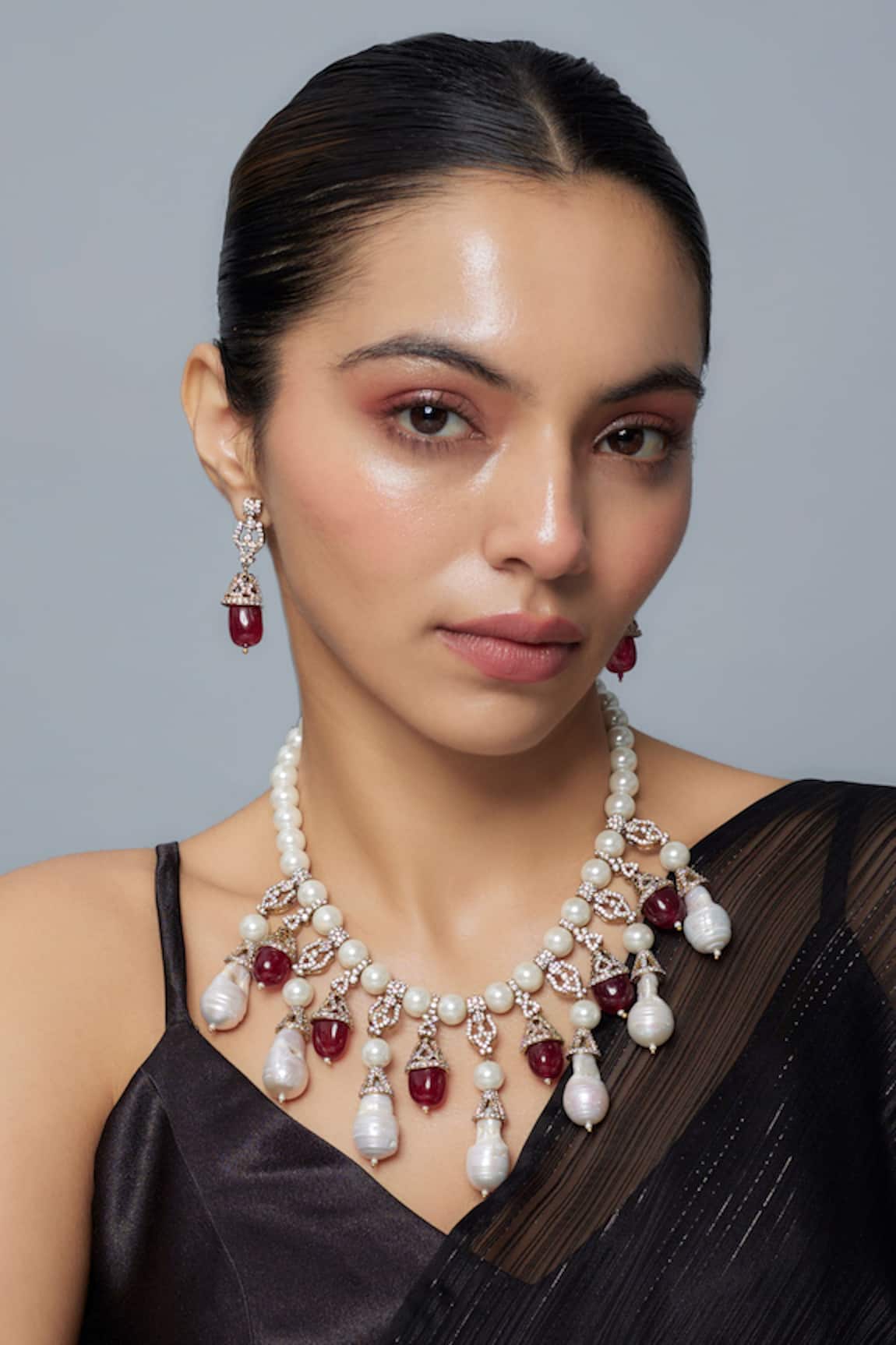 Vivinia By Vidhi Mehra Designer Pearl & Red Stone Jewelry Set 