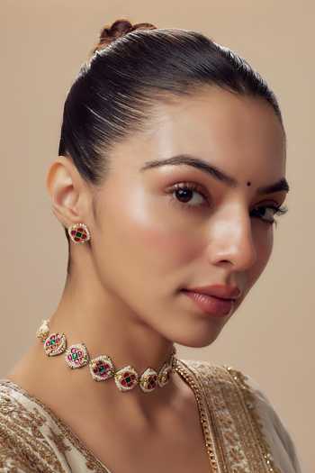 Vivinia By Vidhi Mehra Gold & Red Kundan Polki Jewellery Set 