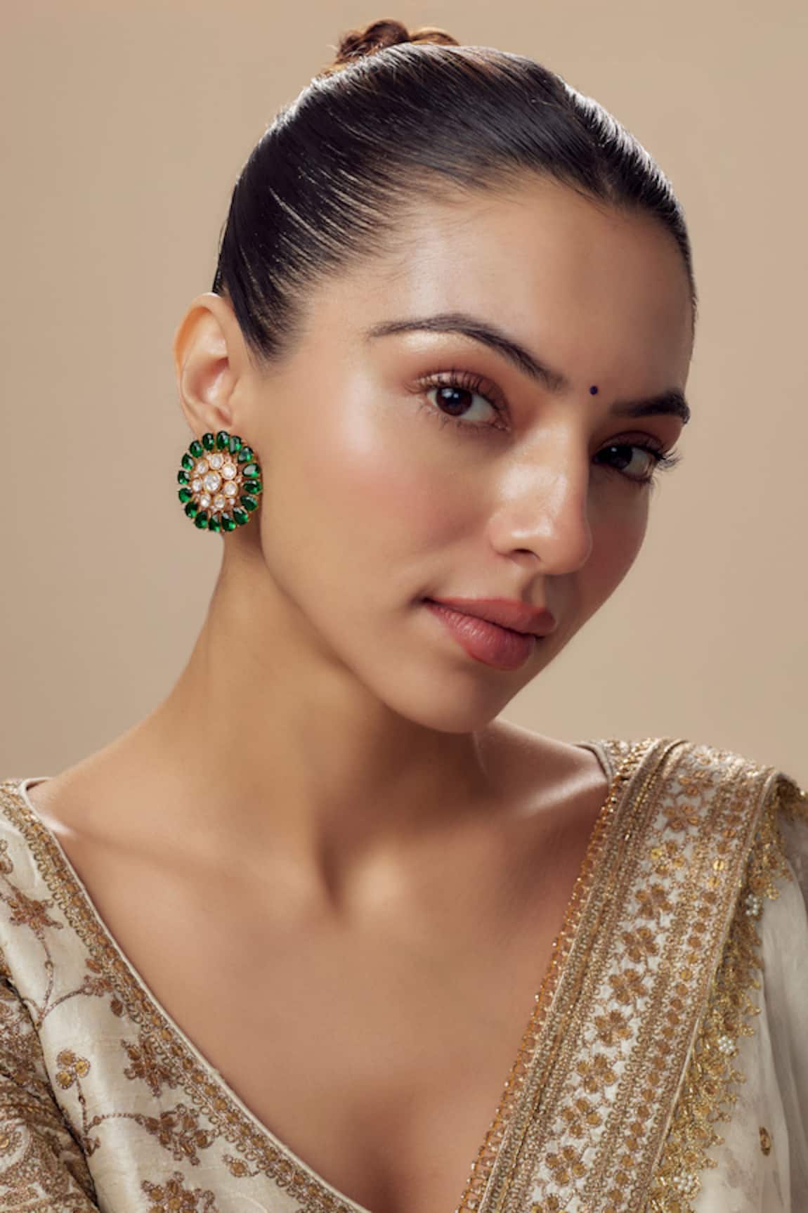 Vivinia By Vidhi Mehra Gold & Green Kundan Polki Stud Earrings