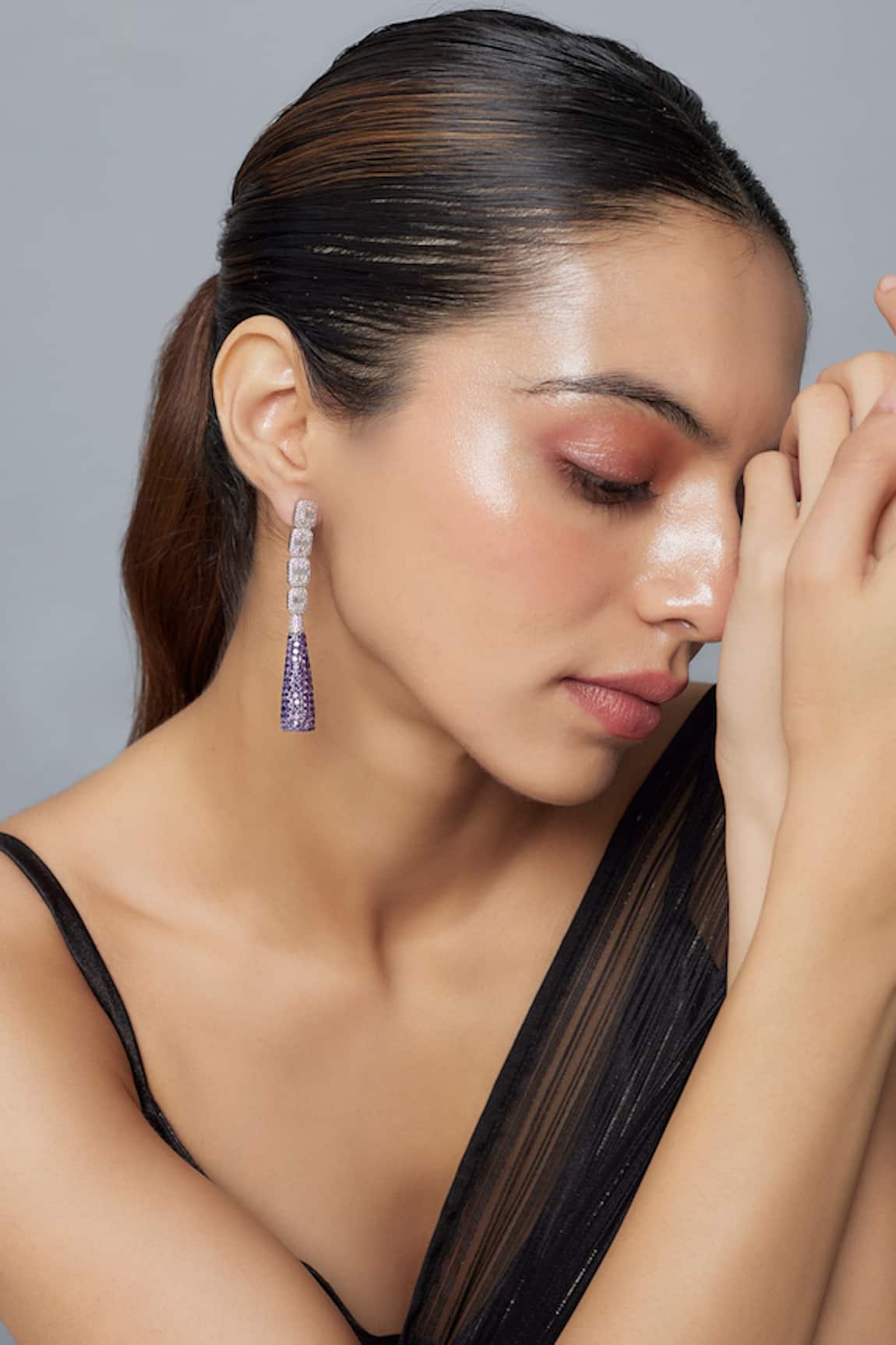 Vivinia By Vidhi Mehra Silver & Purple Zircon Danglers