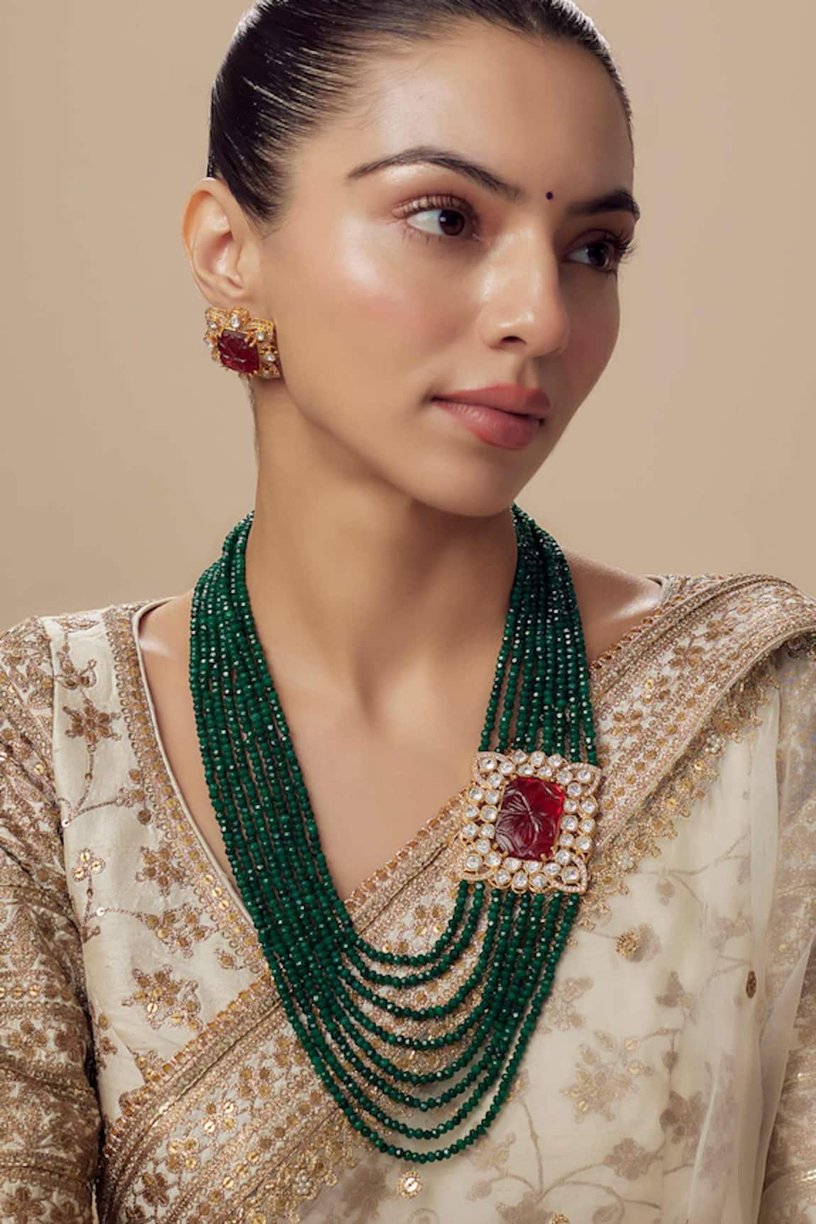 VIVINIA by Vidhi Mehra Green Kundan Polki Necklace & Earring Set 