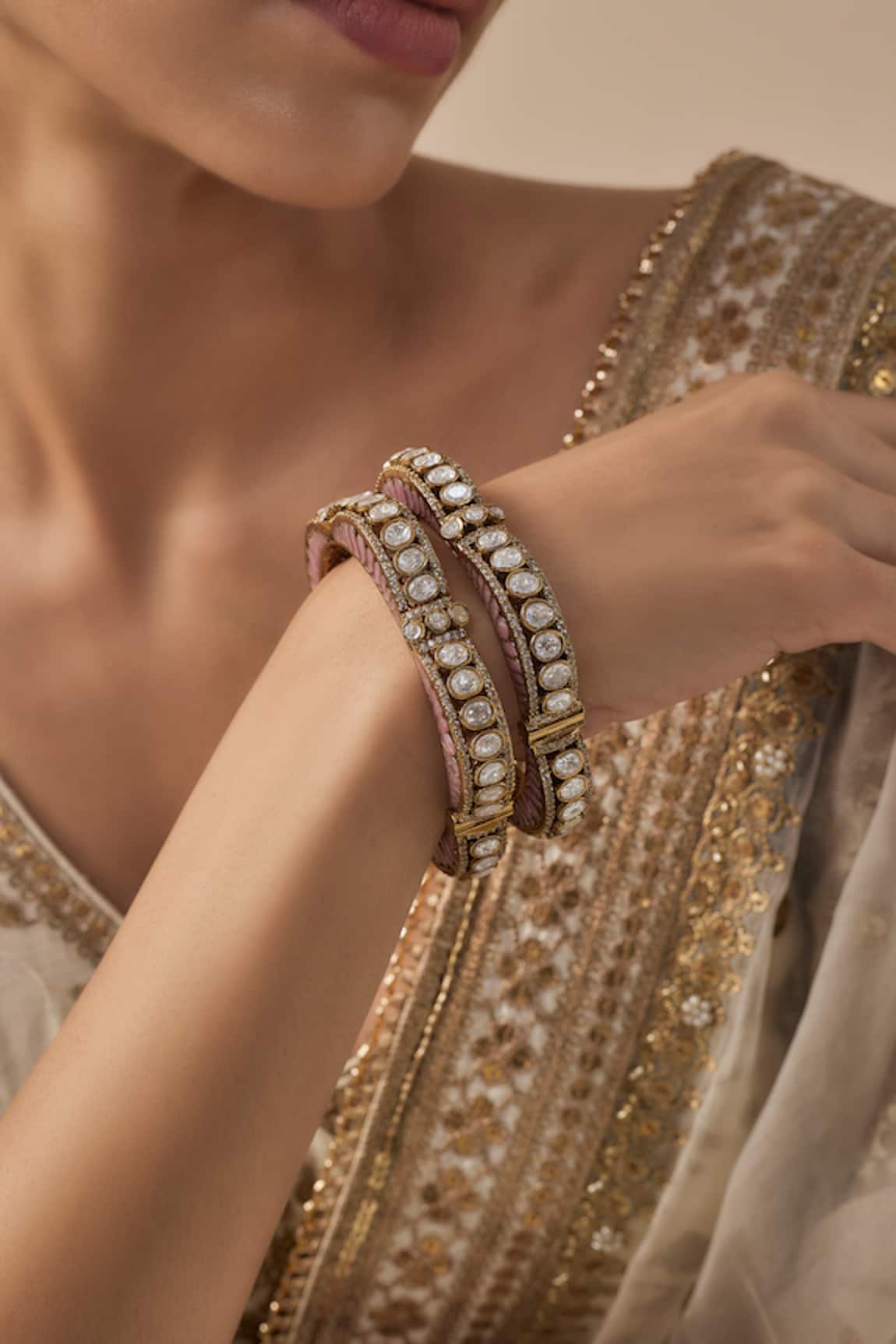 VIVINIA by Vidhi Mehra Gold & Pink Kundan Polki Bangles 