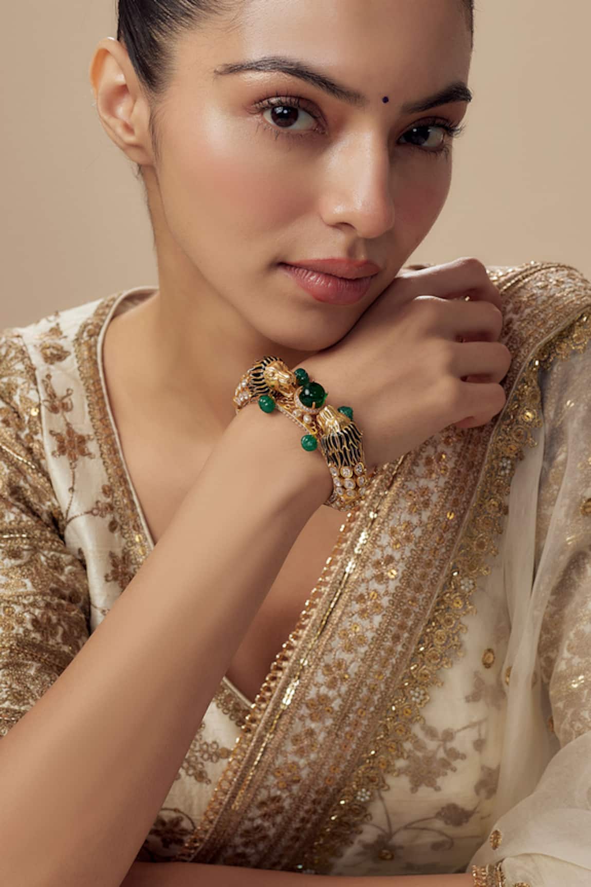 VIVINIA by Vidhi Mehra Gold & Green Kundan Polki Bangle 