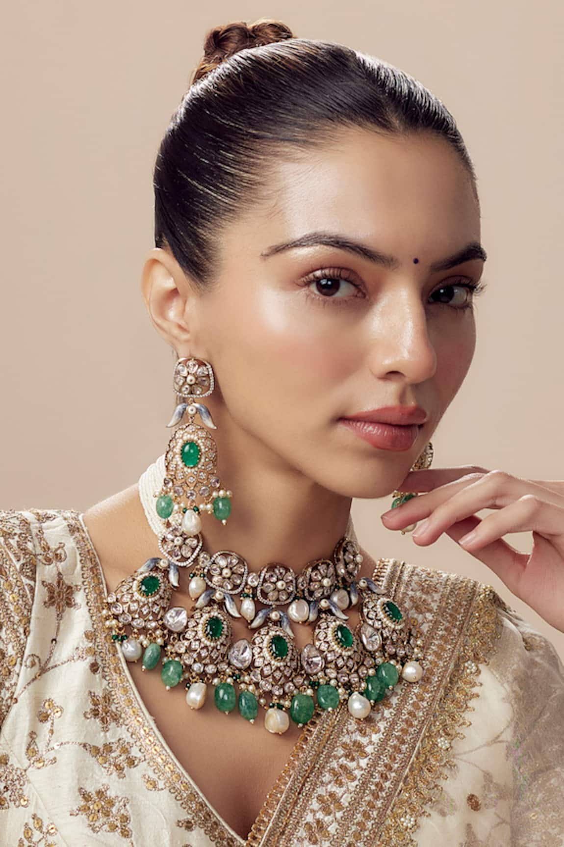VIVINIA by Vidhi Mehra Gold & Green Kundan Polki Jewellery Set 