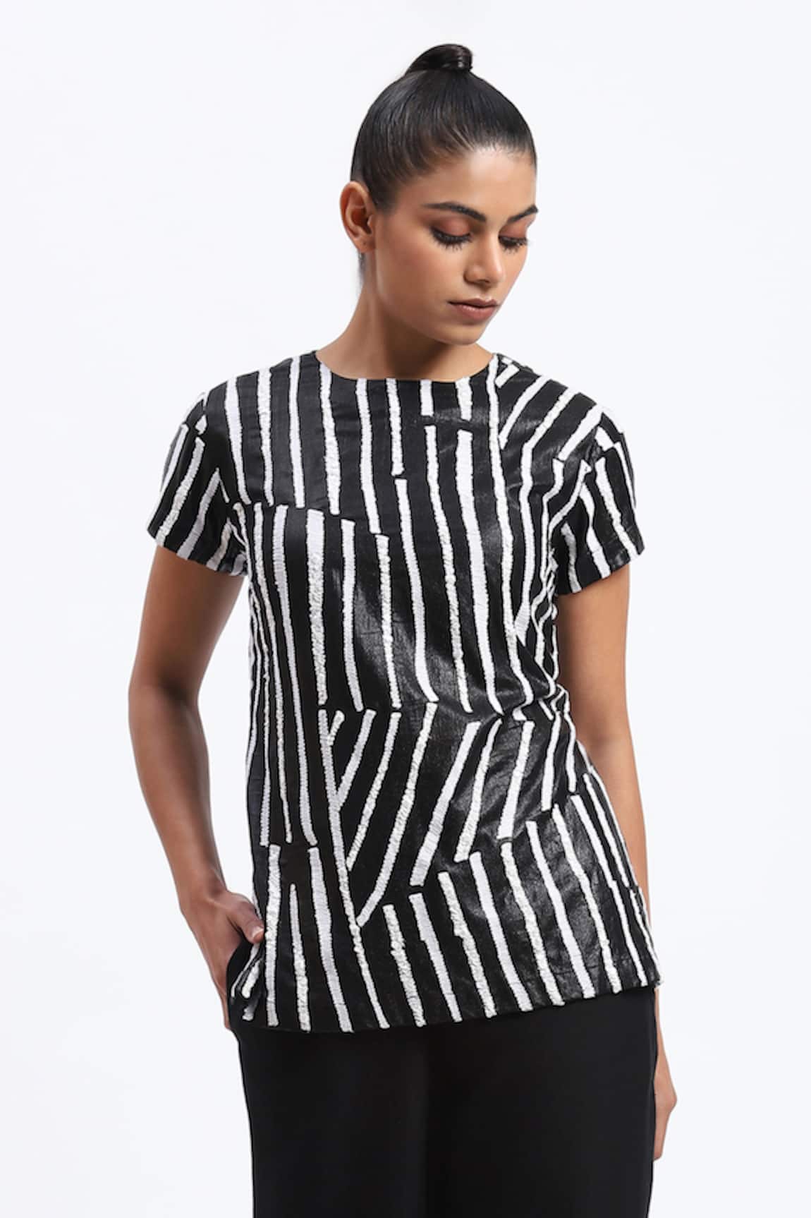 ABRAHAM AND THAKORE Black Broken Stripes Georgette Top 