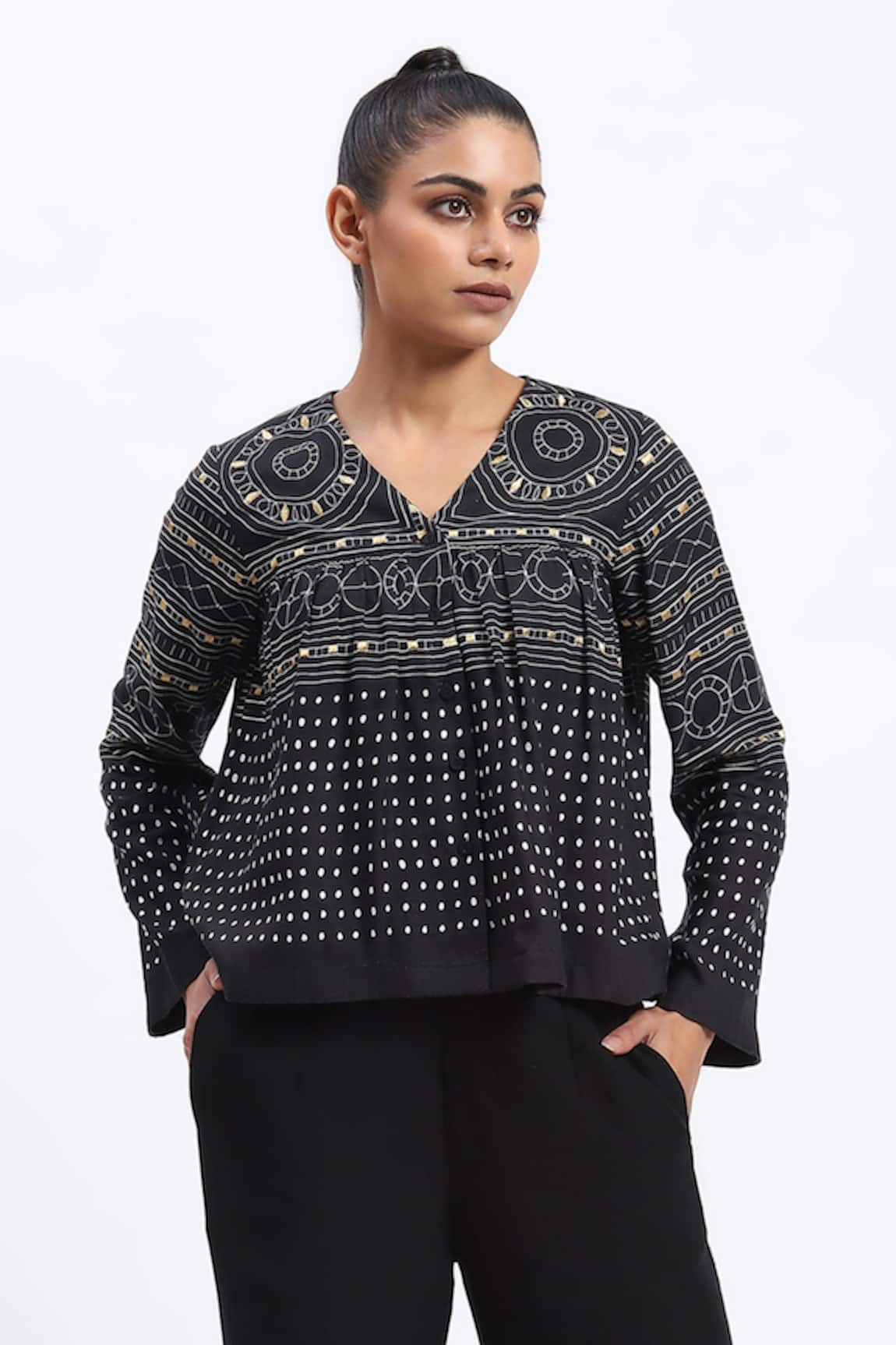 ABRAHAM AND THAKORE Tribal Print Black Top 