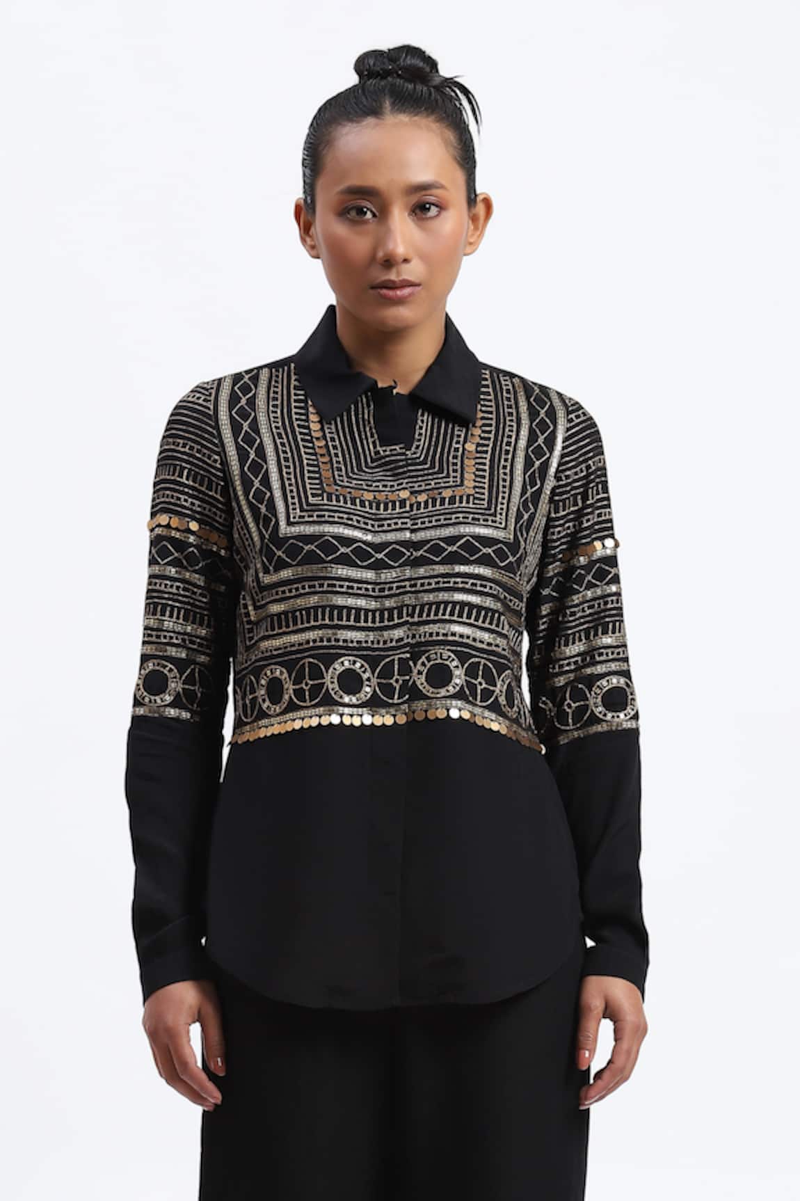 ABRAHAM AND THAKORE Tribal Zari Embroidery Shirt 