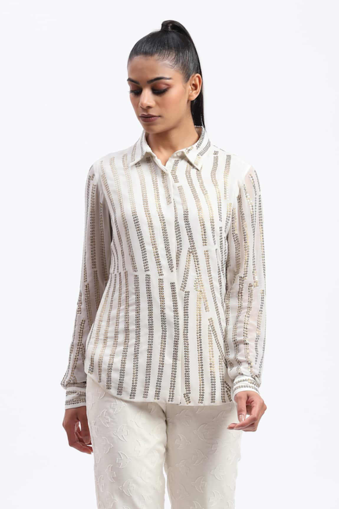 ABRAHAM AND THAKORE Broken Stripes Sequins Shirt 