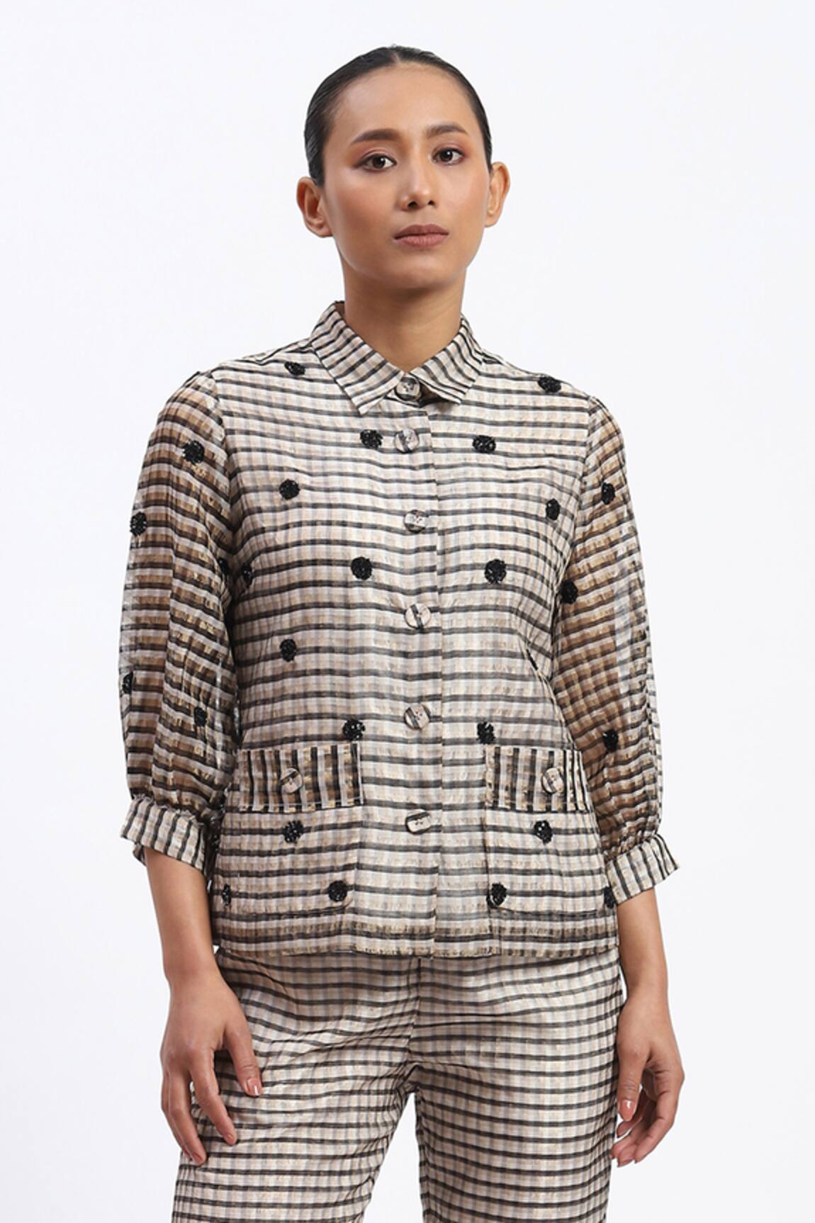 ABRAHAM AND THAKORE Neutral Maheshwar Chanderi Shirt 