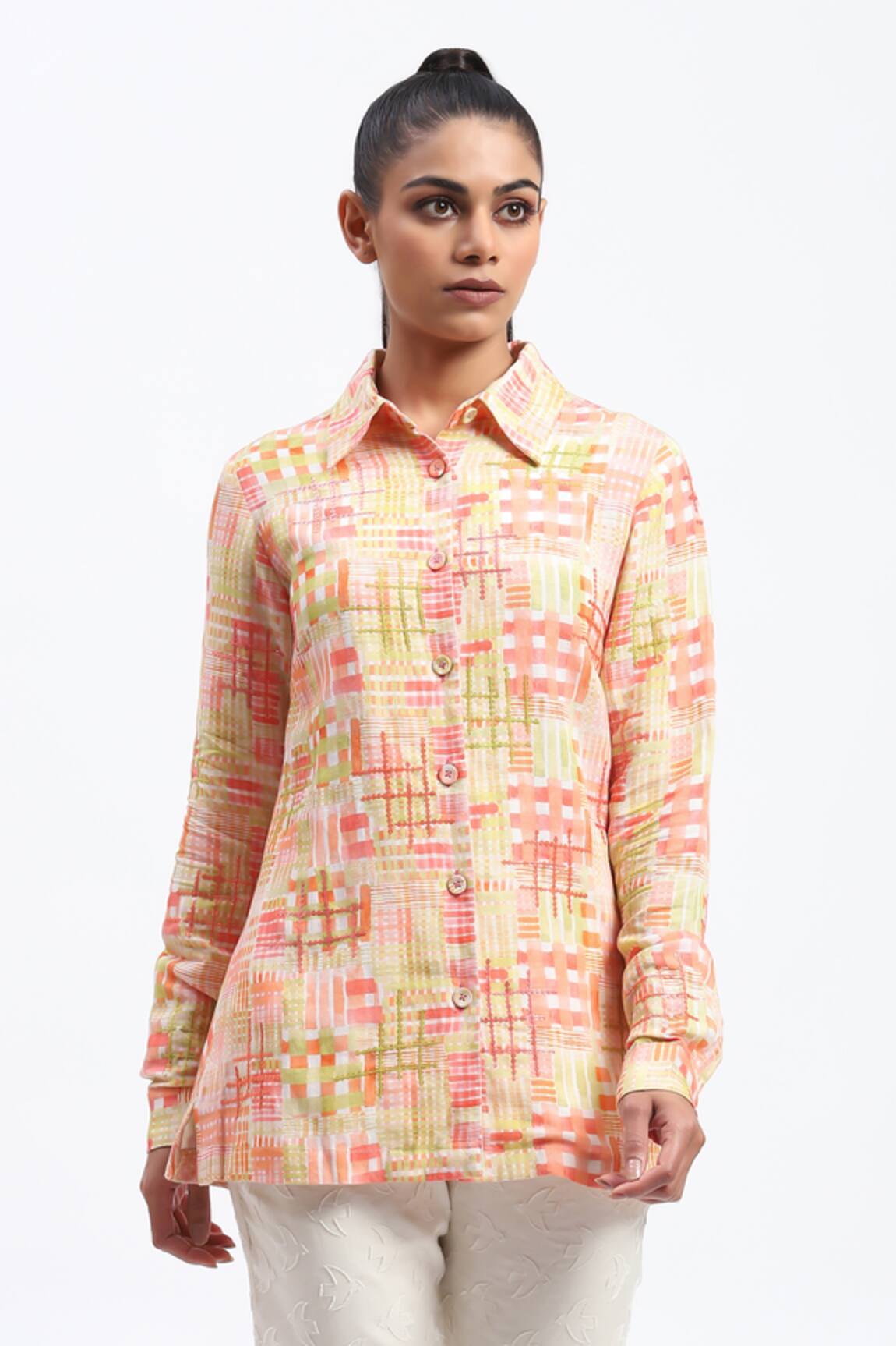 ABRAHAM AND THAKORE Handpainted Checks Linen Blend Shirt 