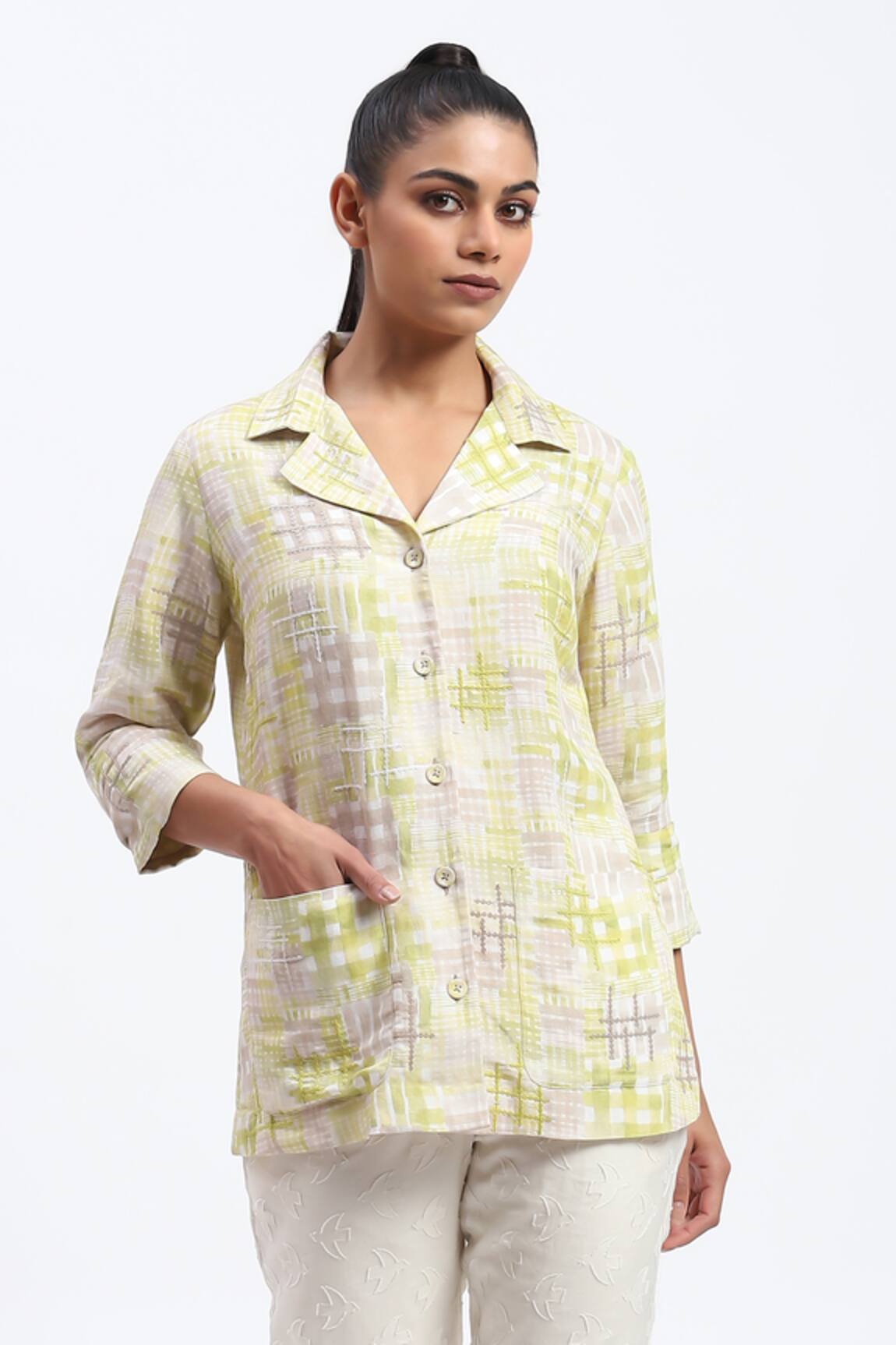 ABRAHAM AND THAKORE Handpainted Checks Linen Blend Shirt 