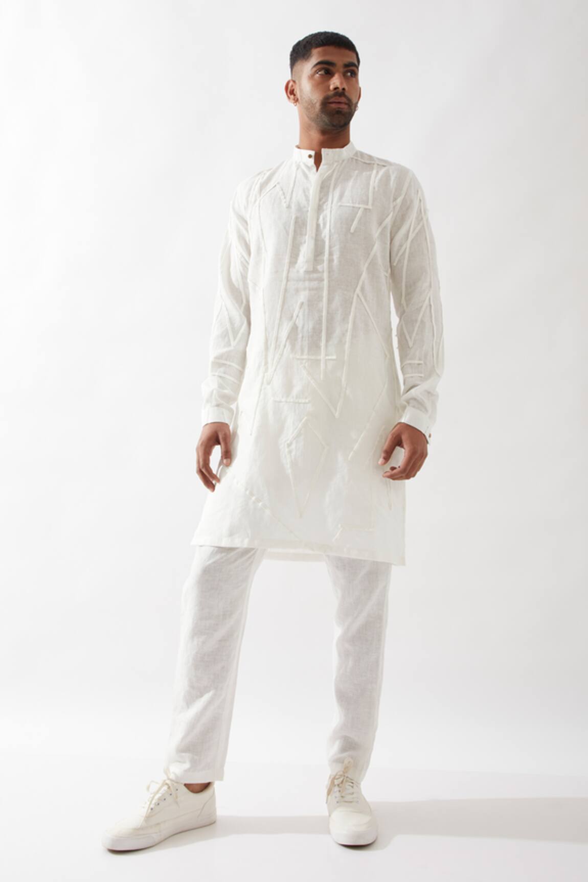 Son of A Noble Snob White Applique Linen Kurta Set 