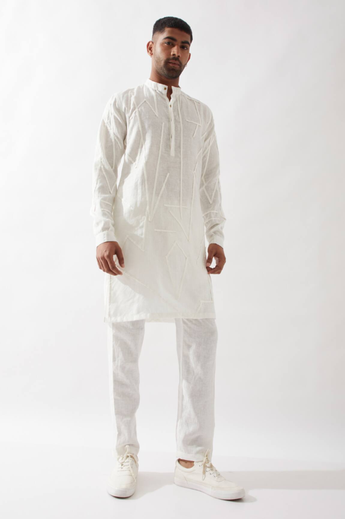 Son of A Noble Snob White Applique Linen Kurta 