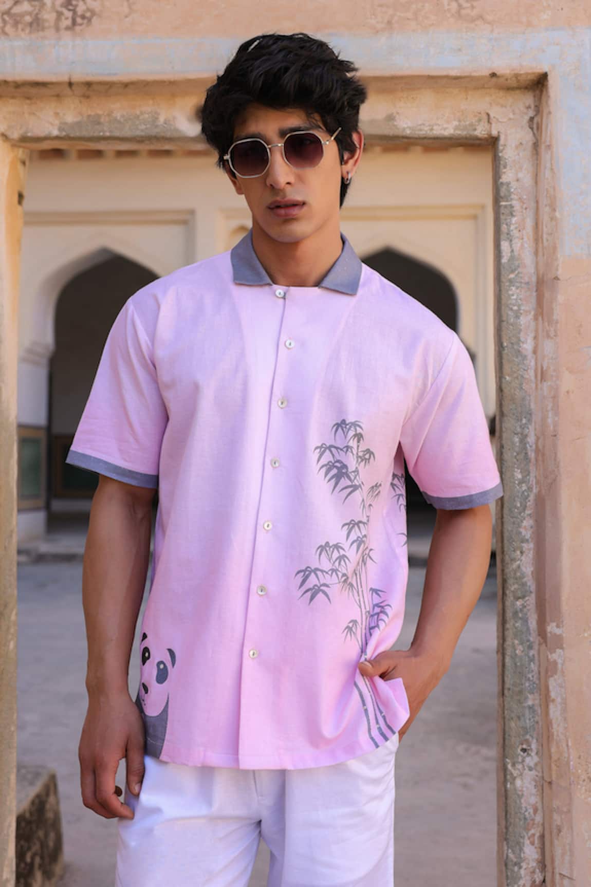Raw & Rustic by Niti Bothra Panda Embroidered Cuban Collar Shirt 