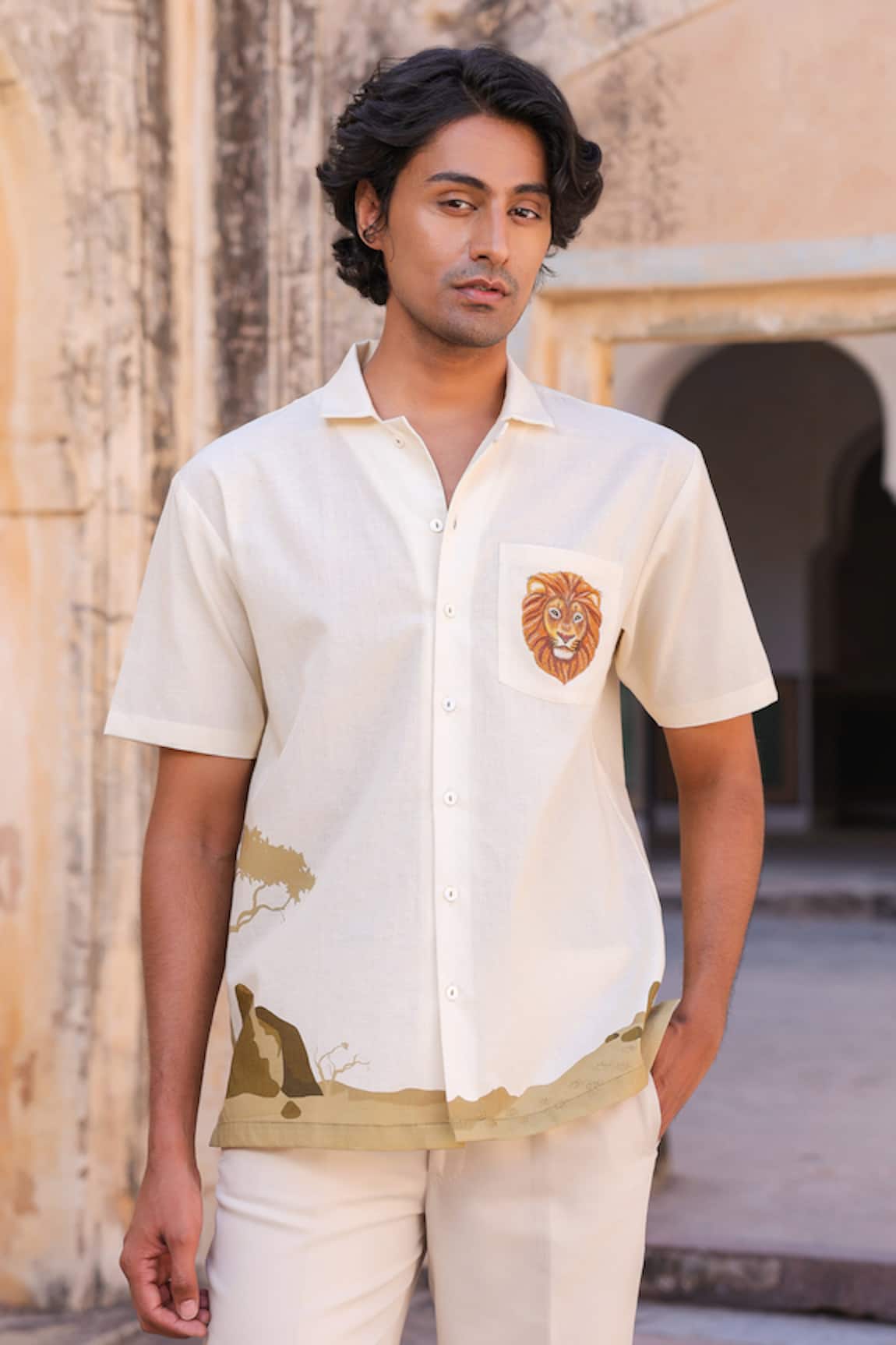 Raw & Rustic by Niti Bothra Lion Embroidered Cuban Collar Shirt 