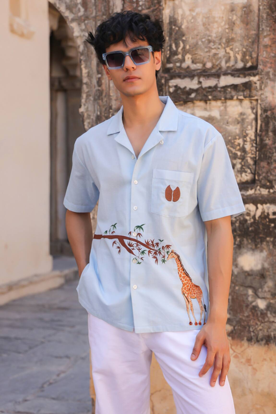 Raw & Rustic by Niti Bothra Giraffe Embroidered Cuban Collar Shirt 
