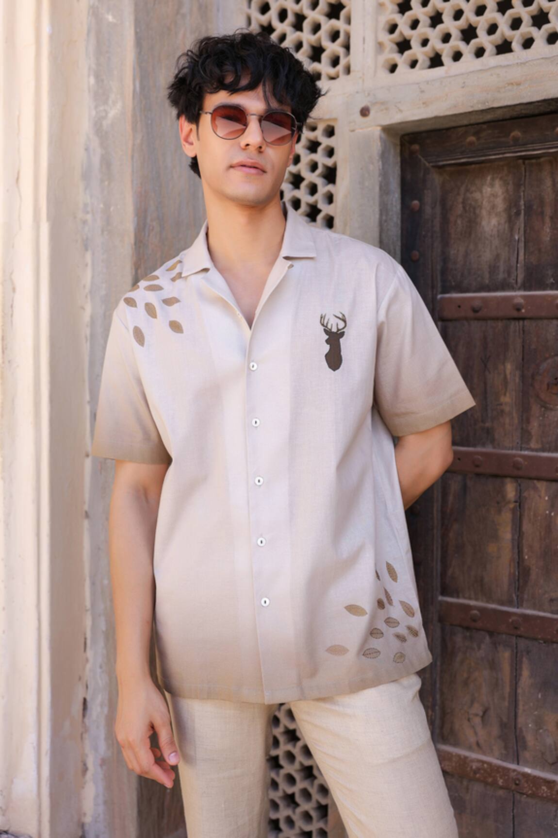 Raw & Rustic by Niti Bothra Deer Embroidered Cuban Collar Shirt 