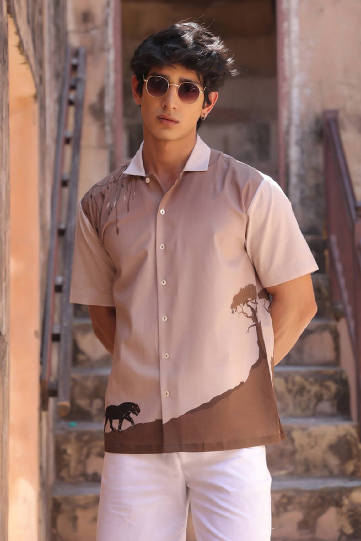 Raw & Rustic by Niti Bothra Panther Embroidered Cuban Collar Shirt 