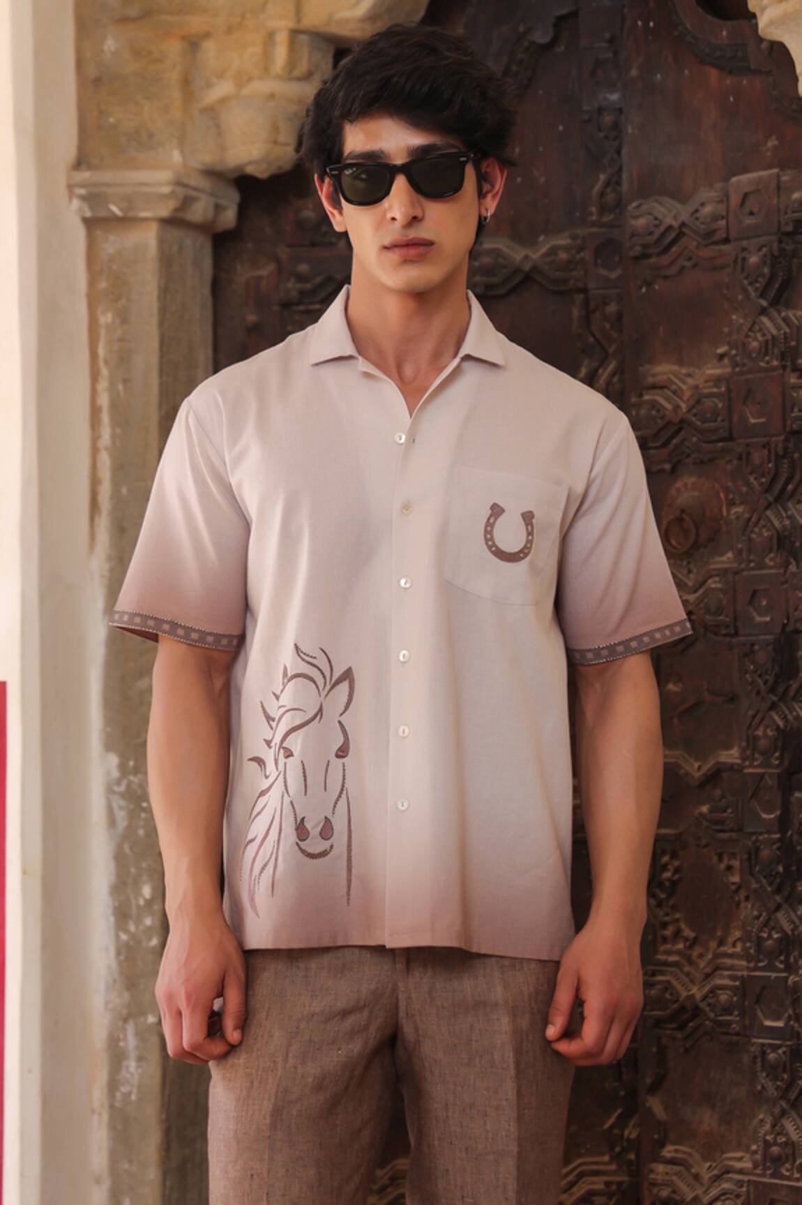Raw & Rustic by Niti Bothra Light Brown Horse Embroidered Cuban Shirt 