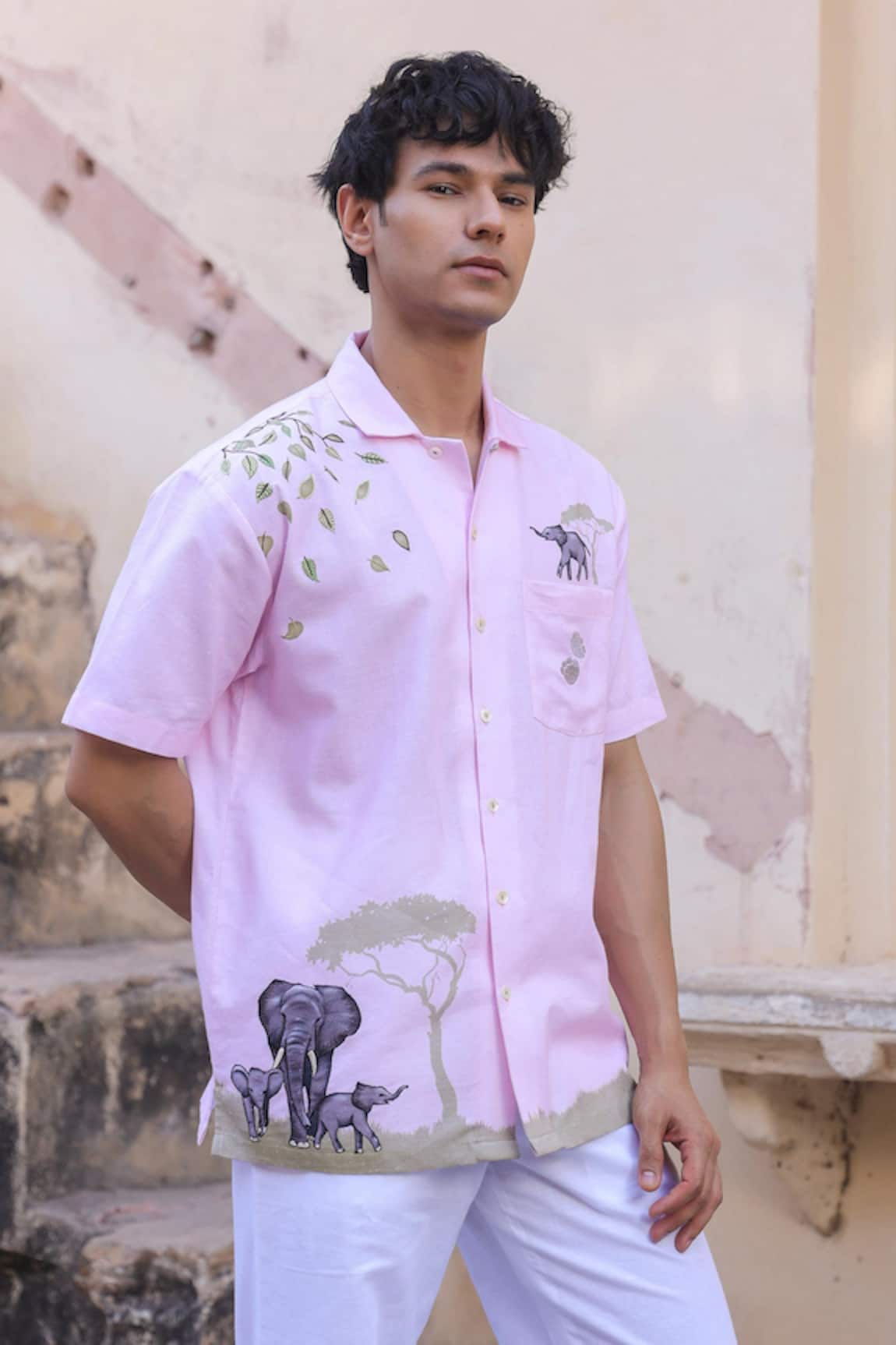Raw & Rustic by Niti Bothra Pink Elephant Embroidered Cuban Collar Shirt 