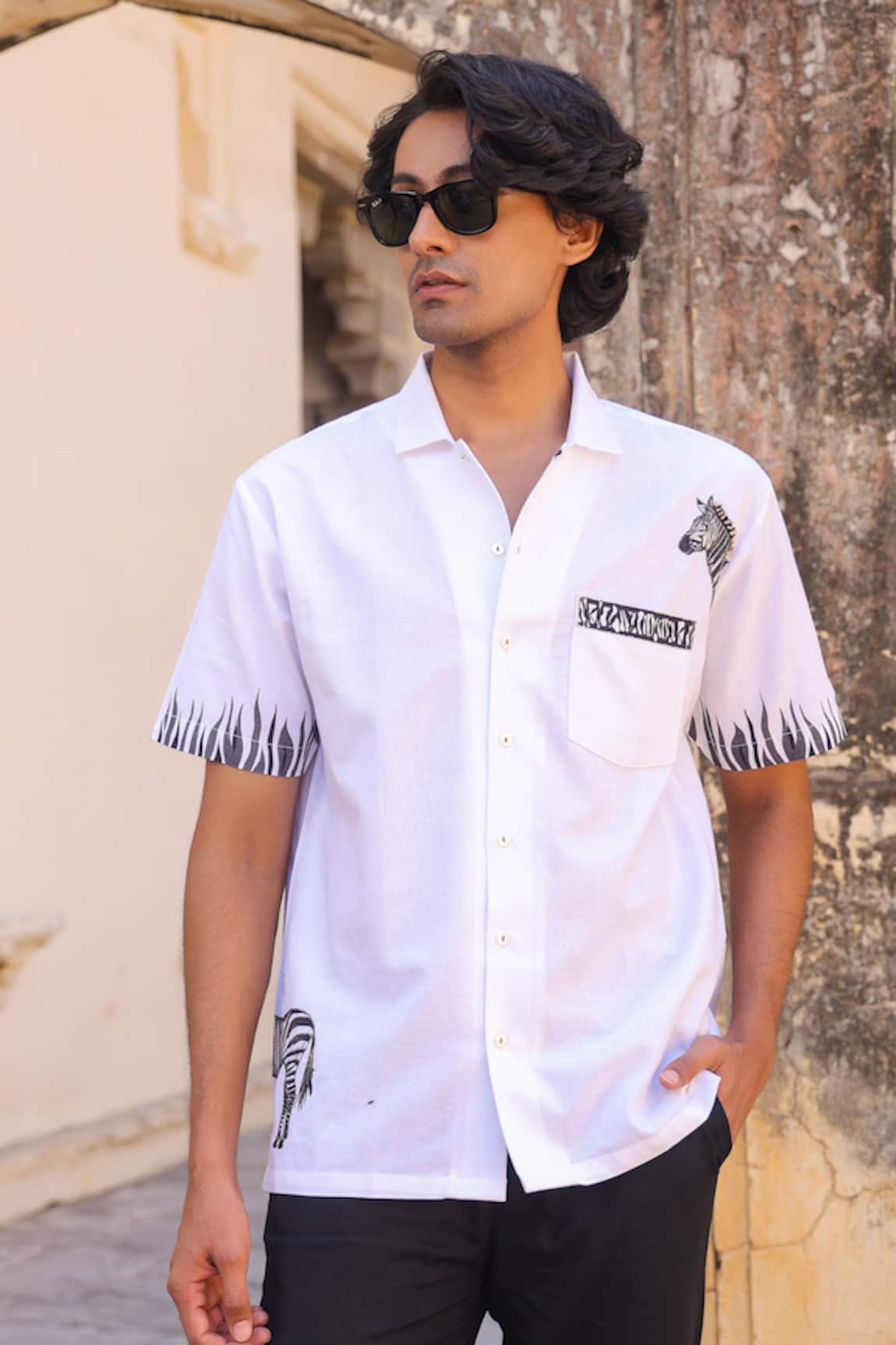 Raw & Rustic by Niti Bothra White Zebra Embroidered Cuban Collar Shirt 