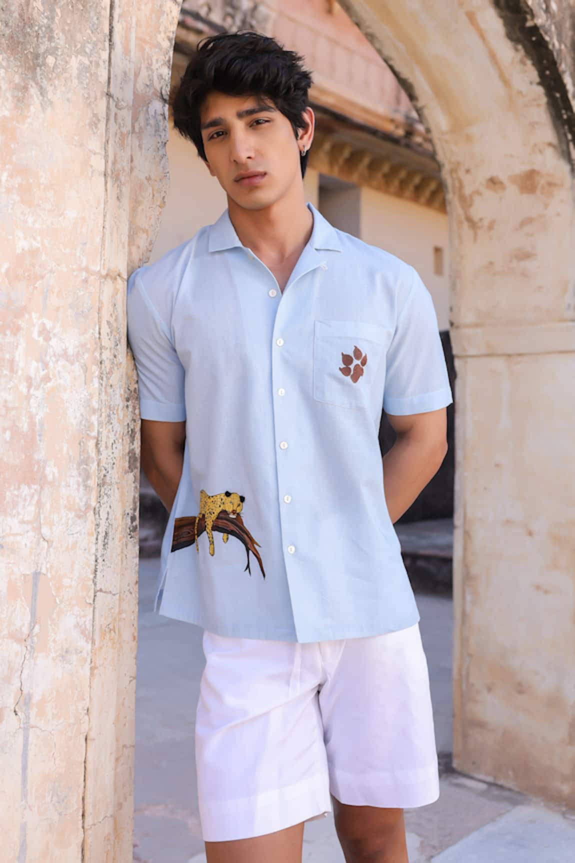 Raw & Rustic by Niti Bothra Light Blue Leopard Embroidered Cuban Shirt 