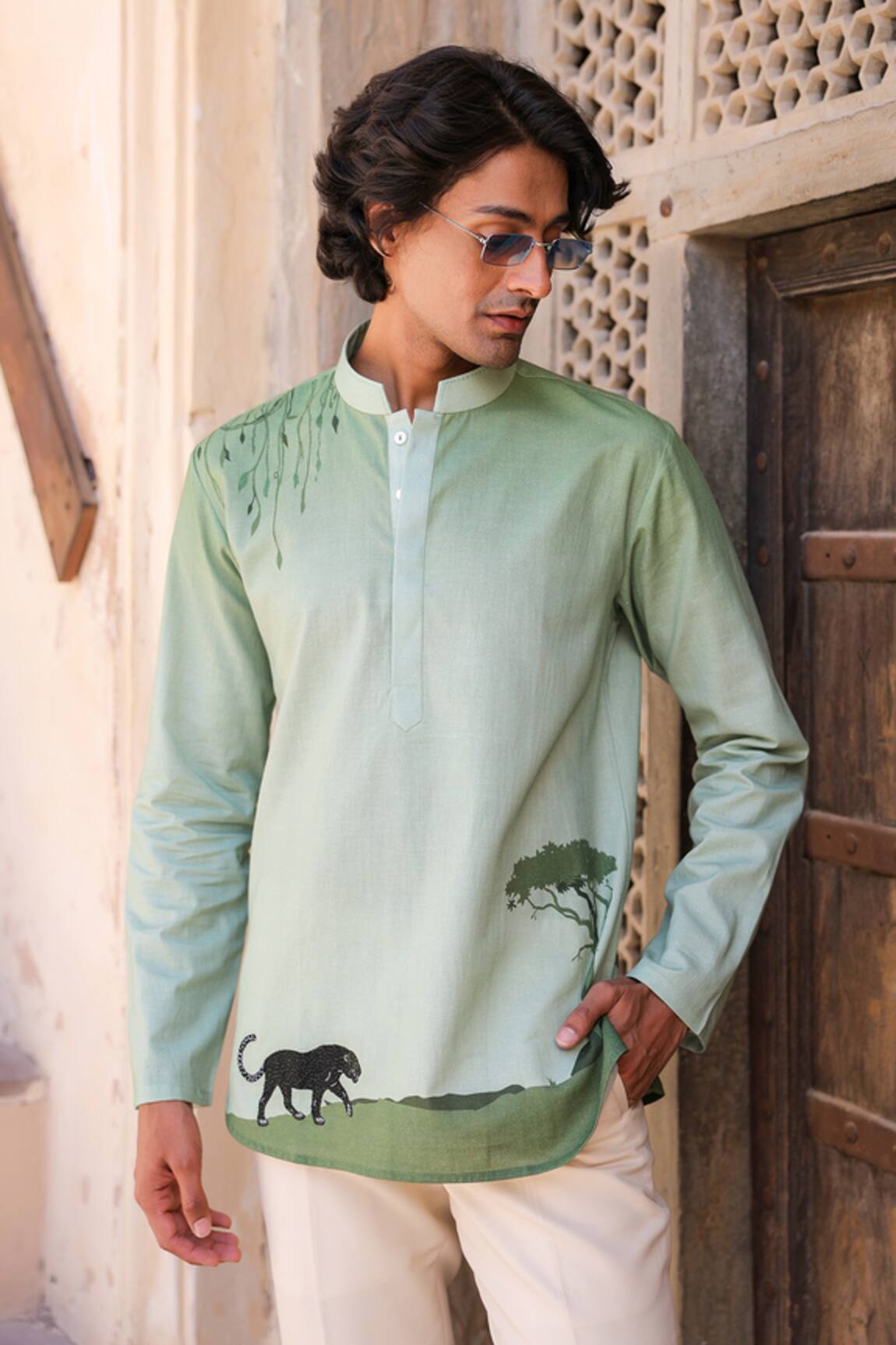 Raw & Rustic by Niti Bothra Green Panther Embroidered Kurta 
