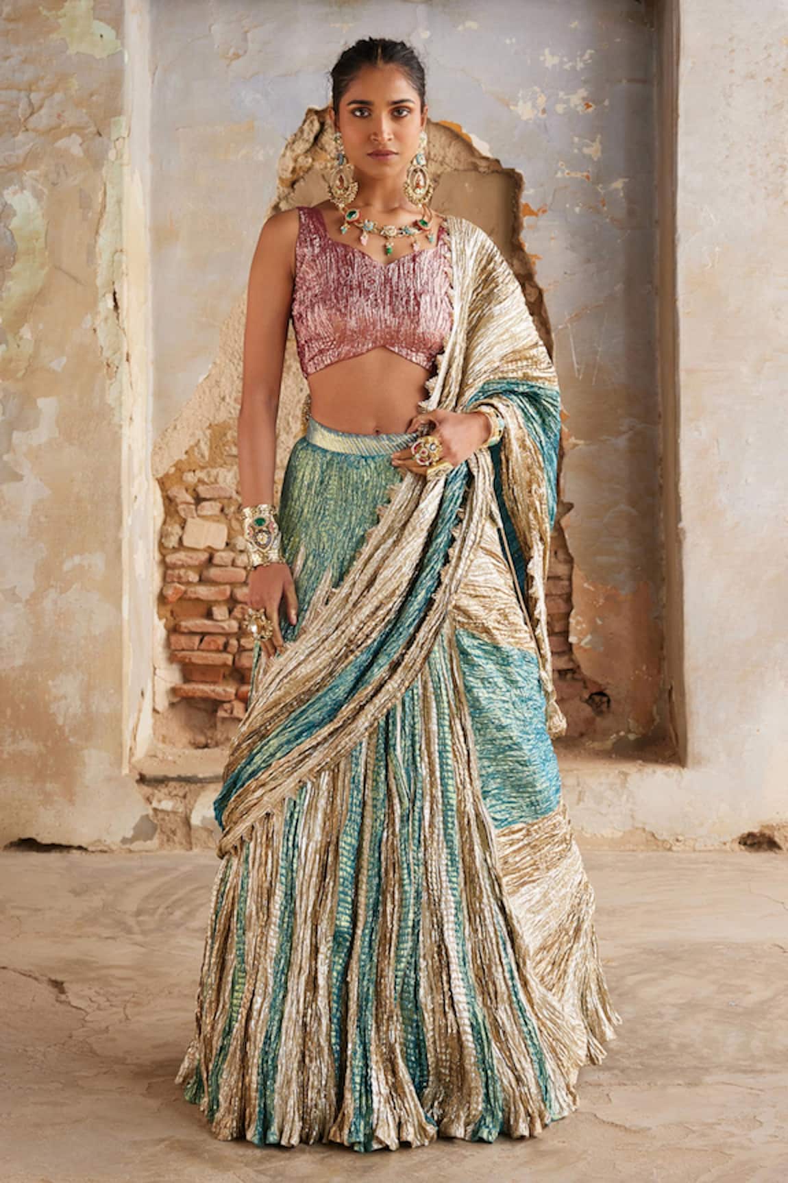 Etasha by Asha Jain Turquoise Copper Pre-Draped Saree & Blouse Set 