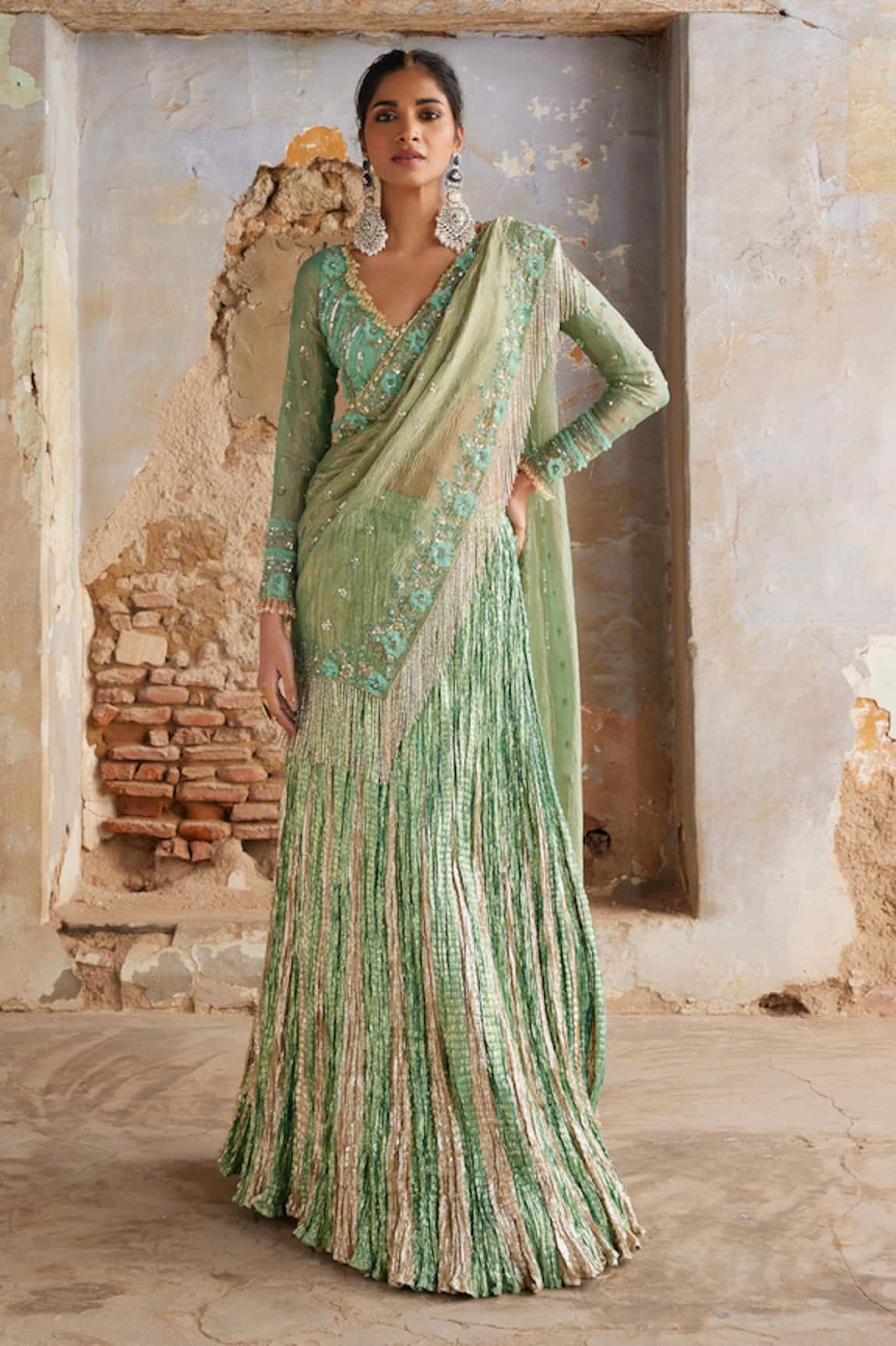Etasha by Asha Jain Sea Green Pre-Draped Saree & Blouse Set 