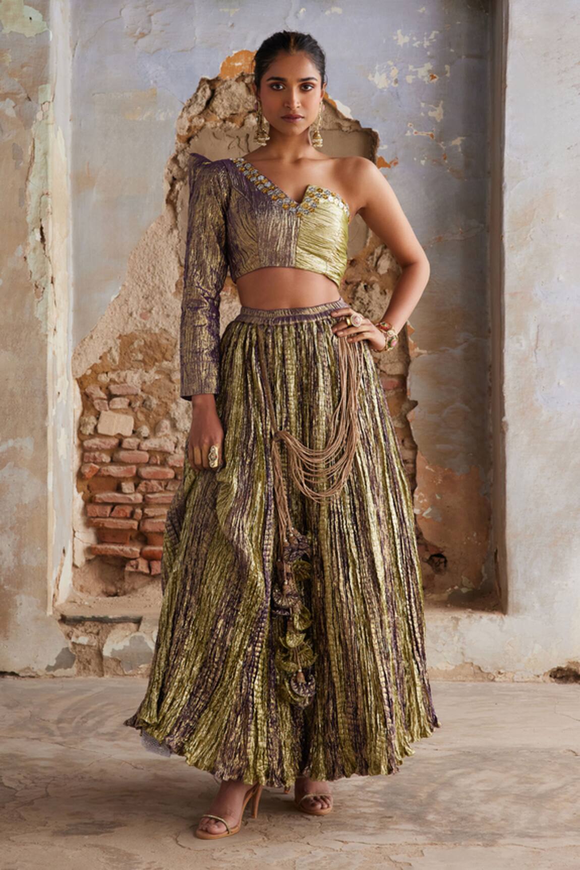 Etasha by Asha Jain Lime Green & Purple Fusion Lehenga Set 