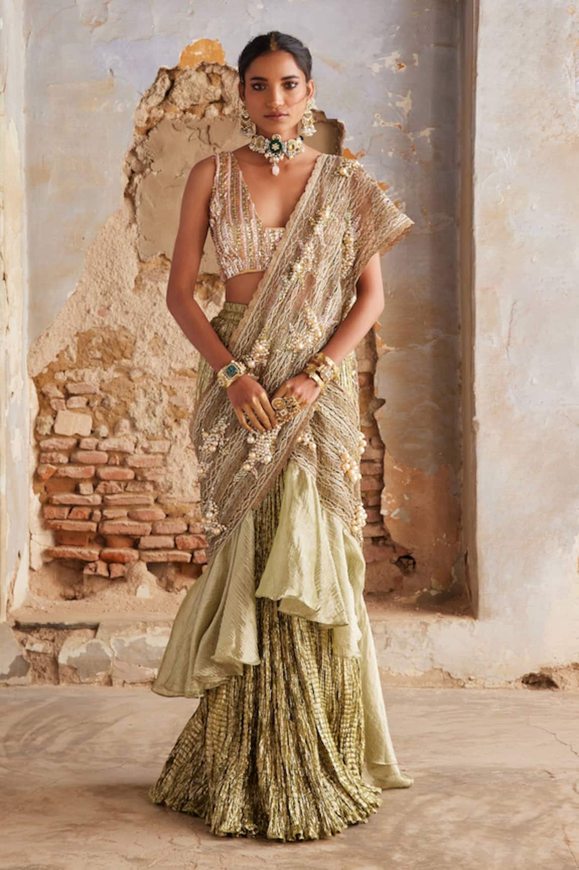 Etasha by Asha Jain Lime Green Textured Metallic Pre-Draped Saree & Blouse Set 