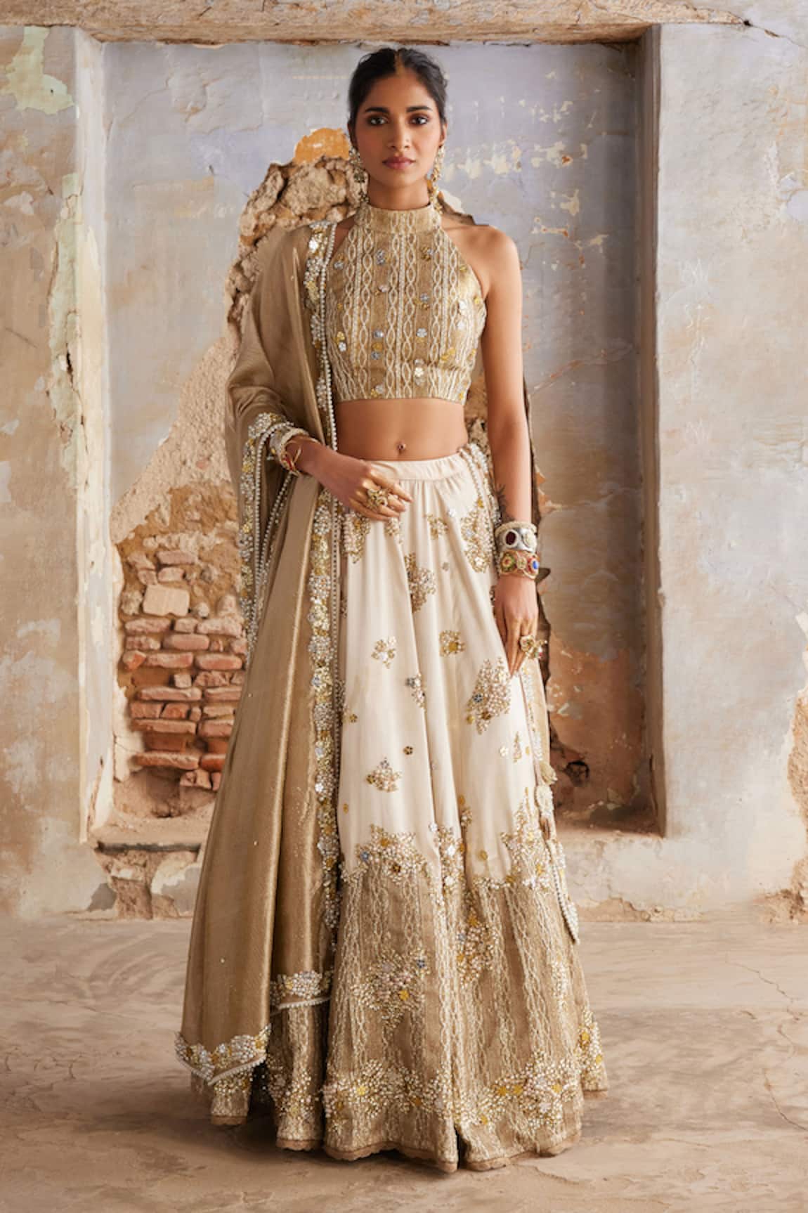 Etasha by Asha Jain Ivory & Gold Embroidered Lehenga Set 