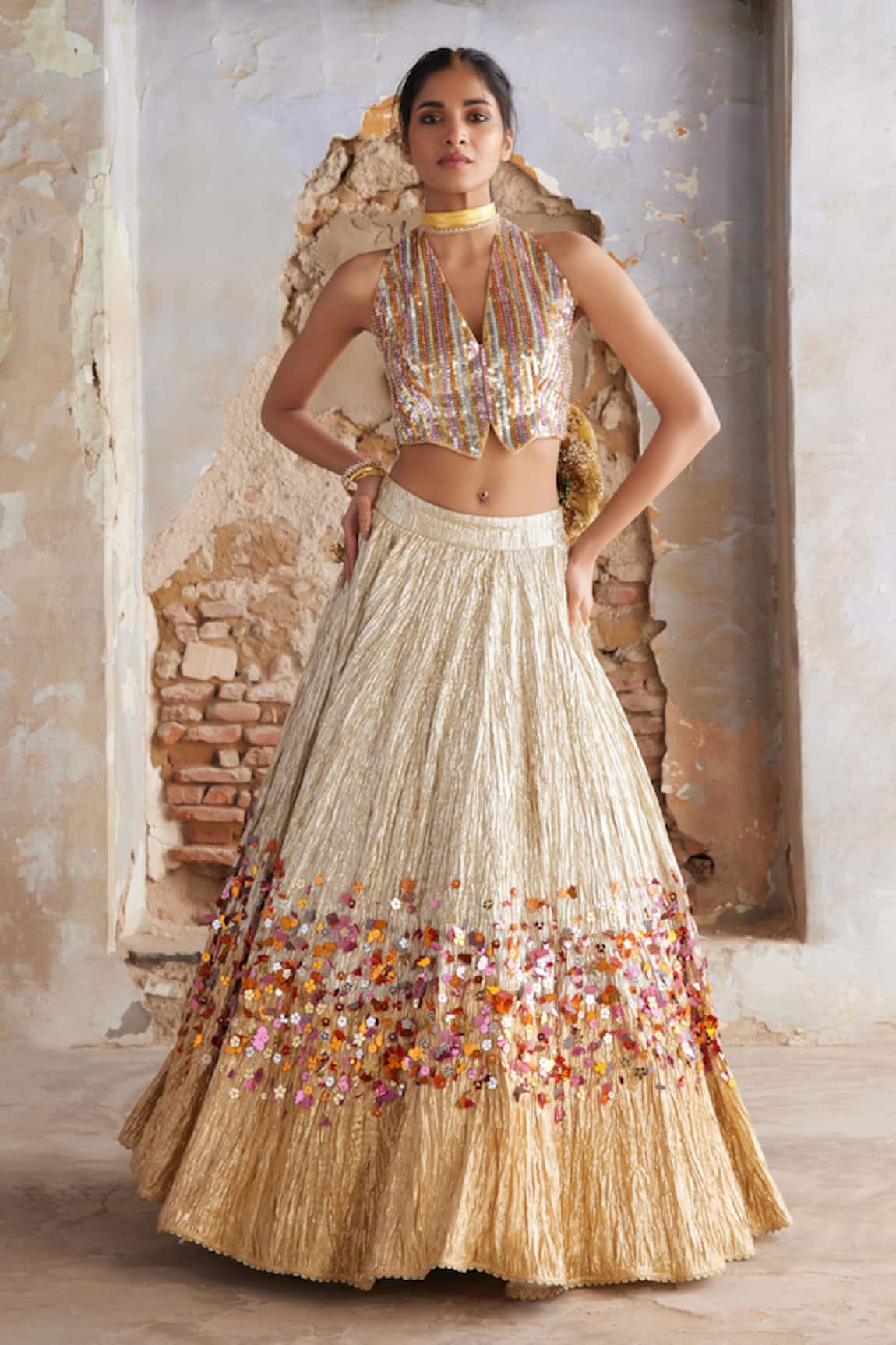 Etasha by Asha Jain Gold Textured Lehenga & Waistcoat Set 