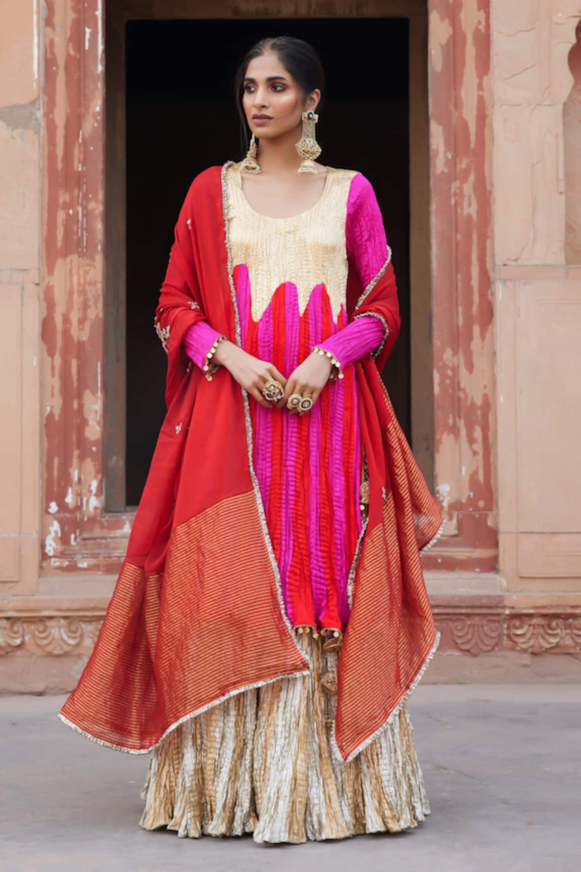 Etasha by Asha Jain Red & Fuschia Kurta Palazzo Set 