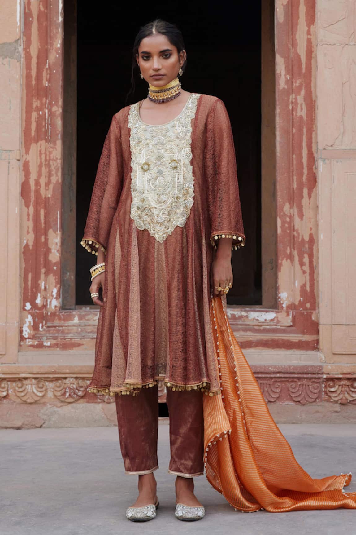 Etasha by Asha Jain Coffee Metallic Mesh Anarkali Set 