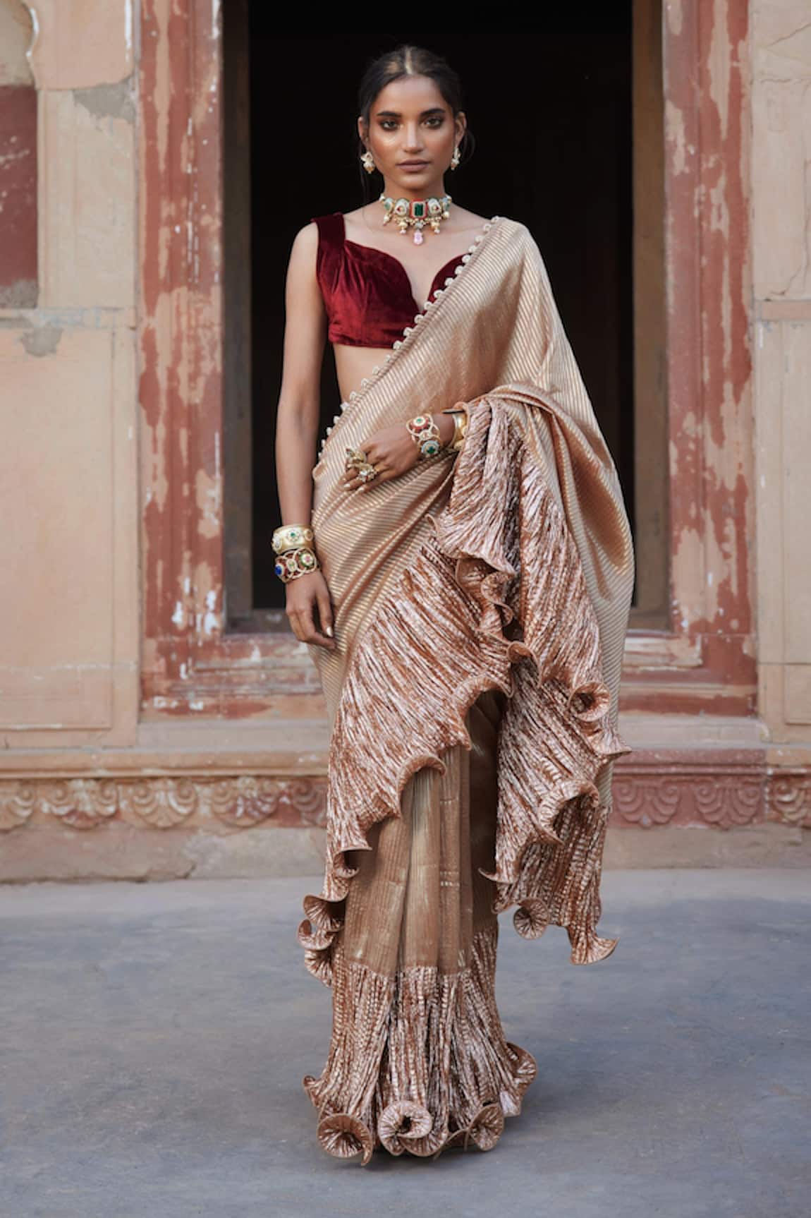 Etasha by Asha Jain Champagne Tissue Striped Saree & Velvet Blouse Set 