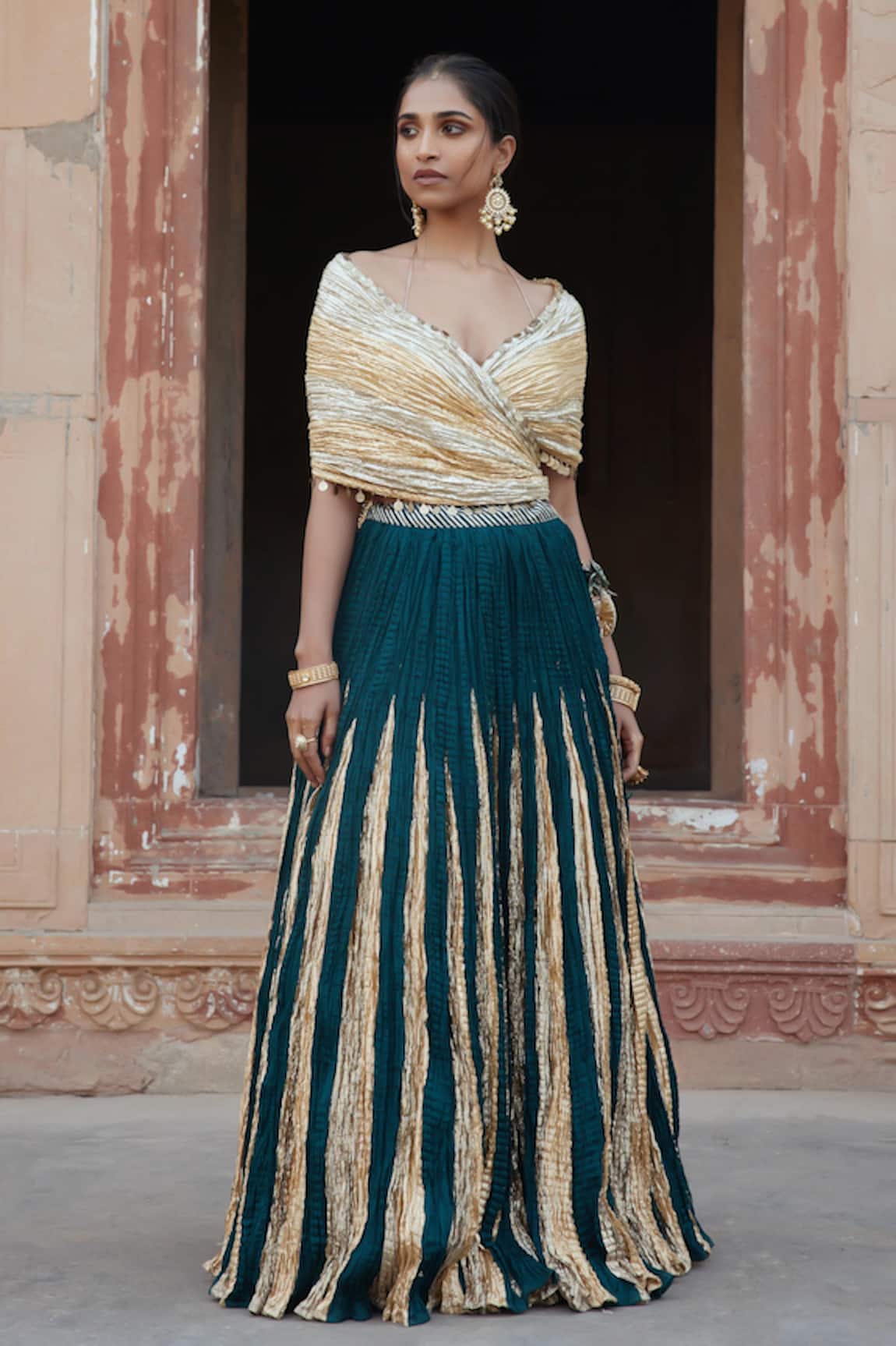 Etasha by Asha Jain Bottle Green Fusion Lehenga Set 