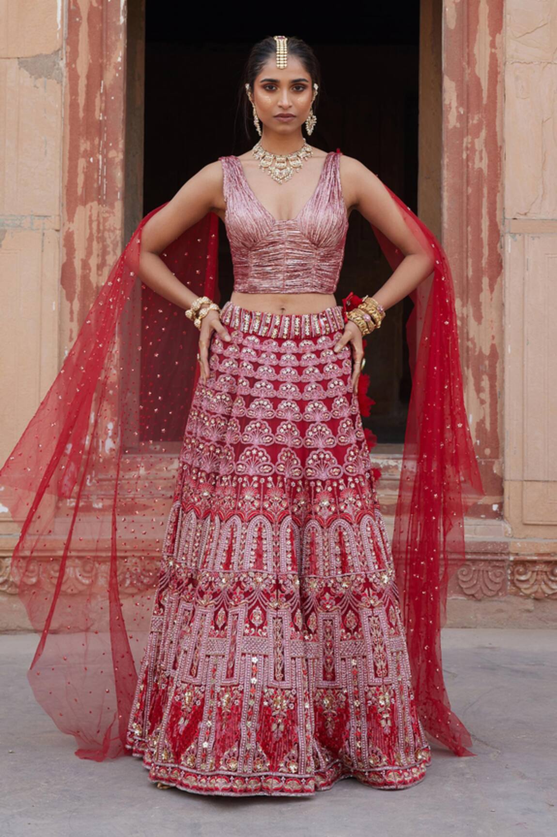 Etasha by Asha Jain Maroon Tulle Fusion Lehenga Set 