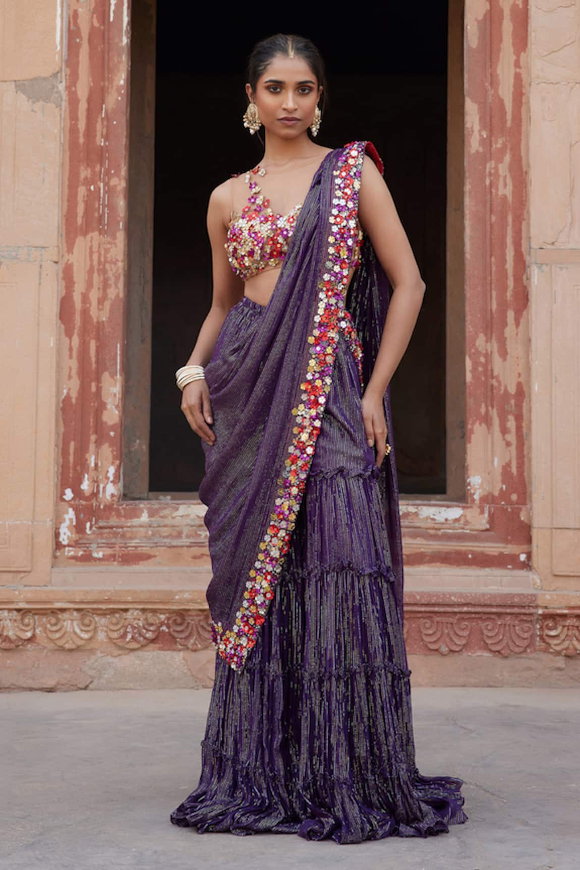 Etasha by Asha Jain Purple Sharara Draped Saree & Blouse Set 