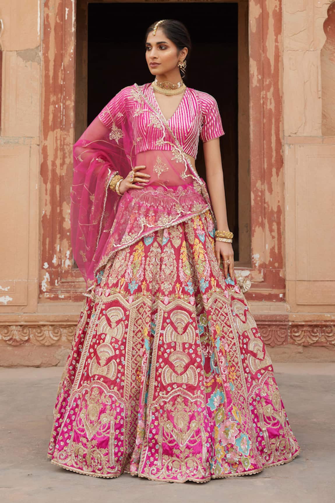 Etasha by Asha Jain Fuschia Pink Gajji Silk Lehenga Set 