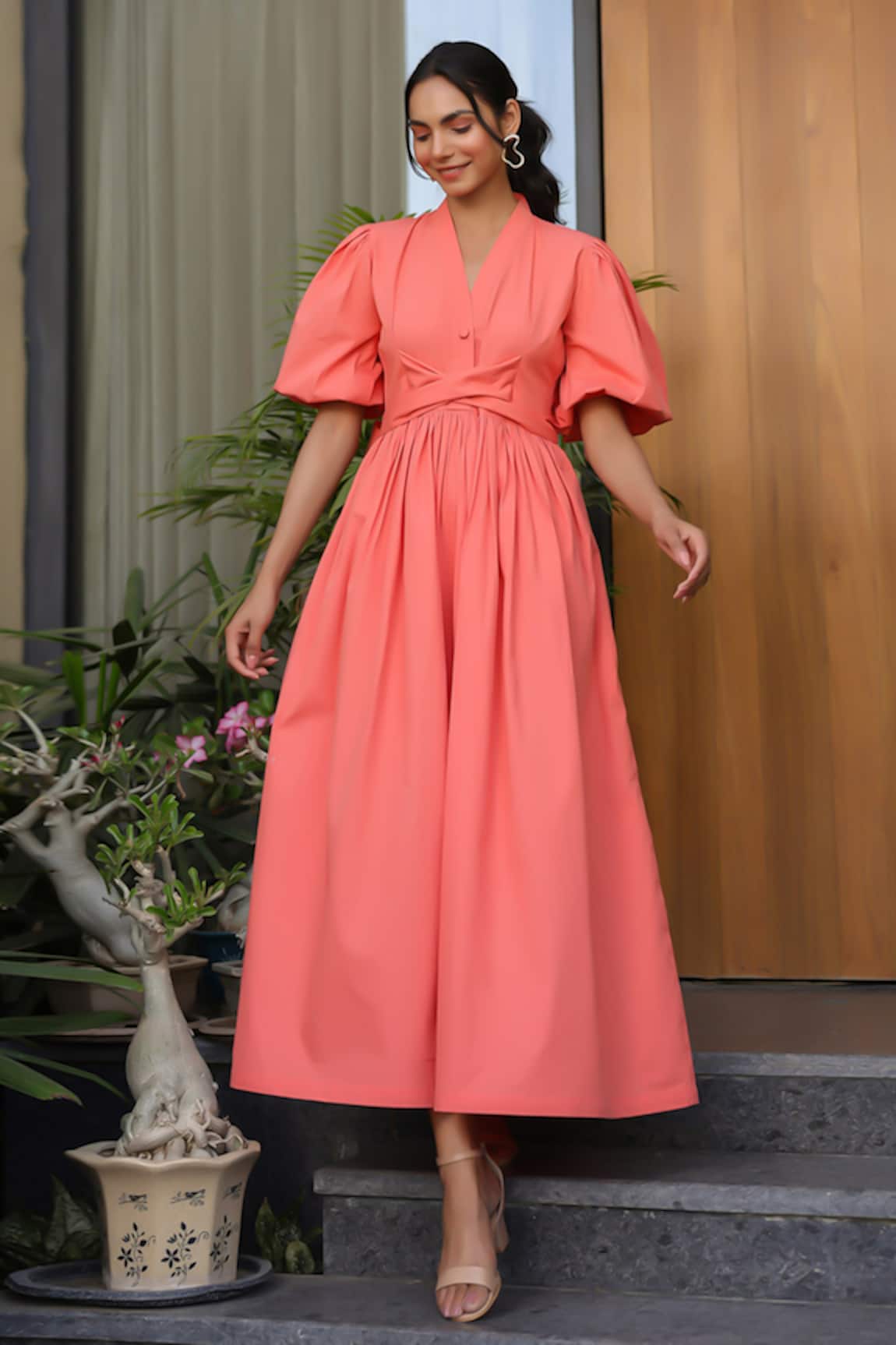 B'Infinite Puff Sleeve Cotton Midi Dress 