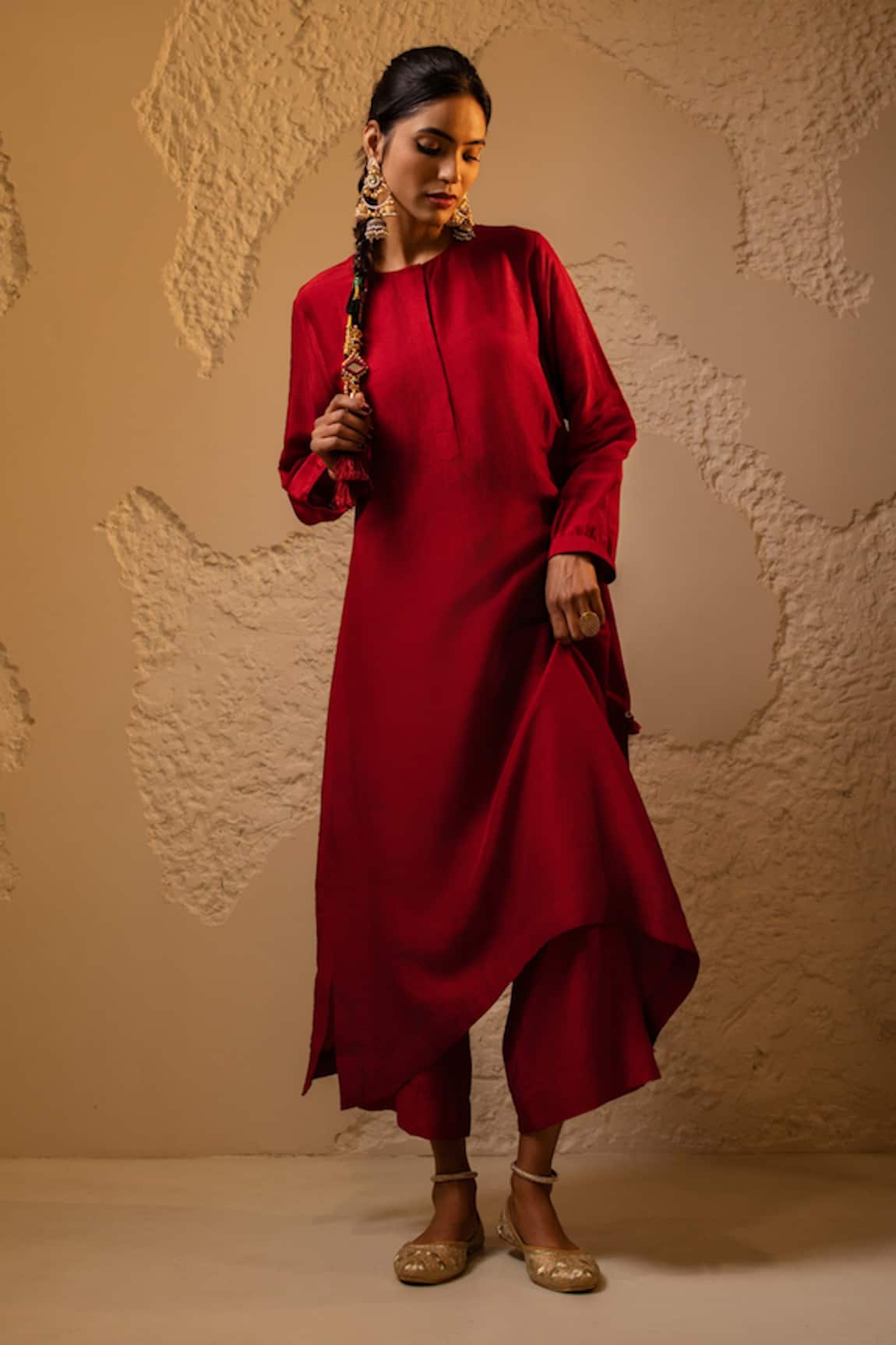 Avaha Anar Red A-line Dola Silk Kurta Set 