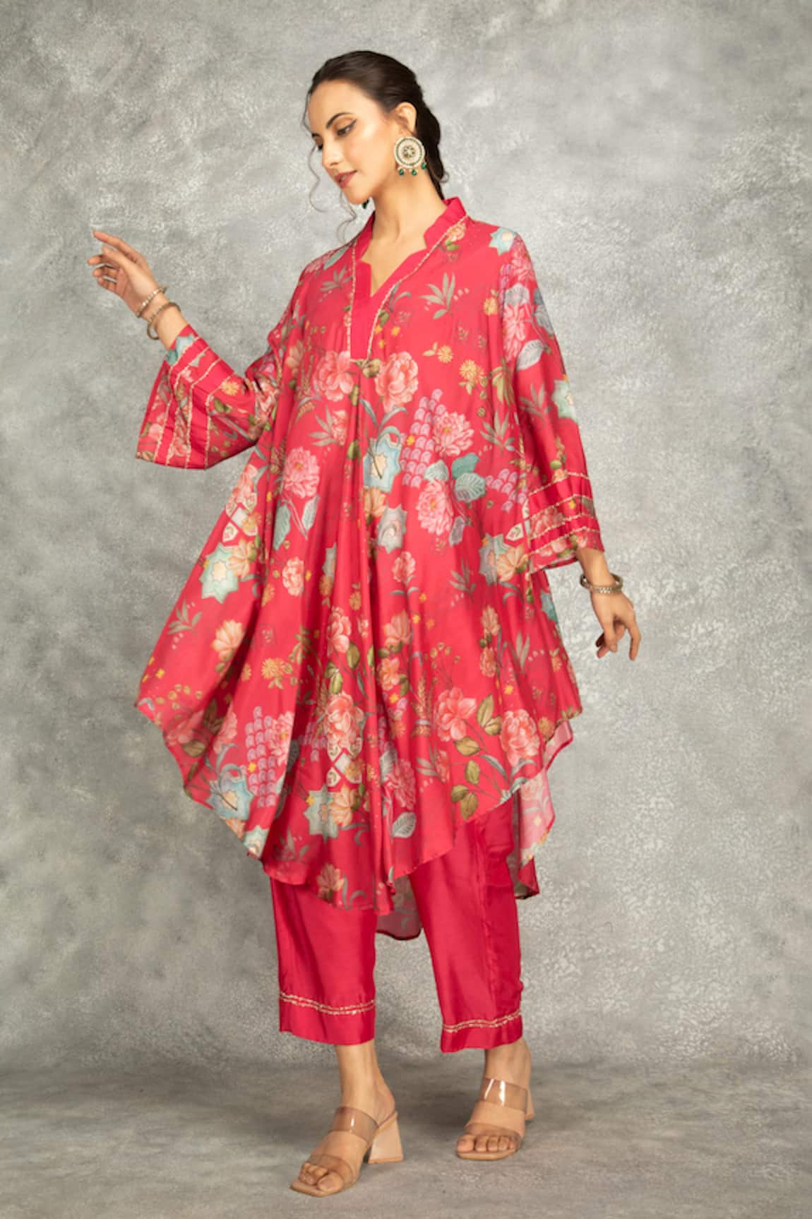 Tanu Malhotra Hot Pink Printed High Low Kurta Set 