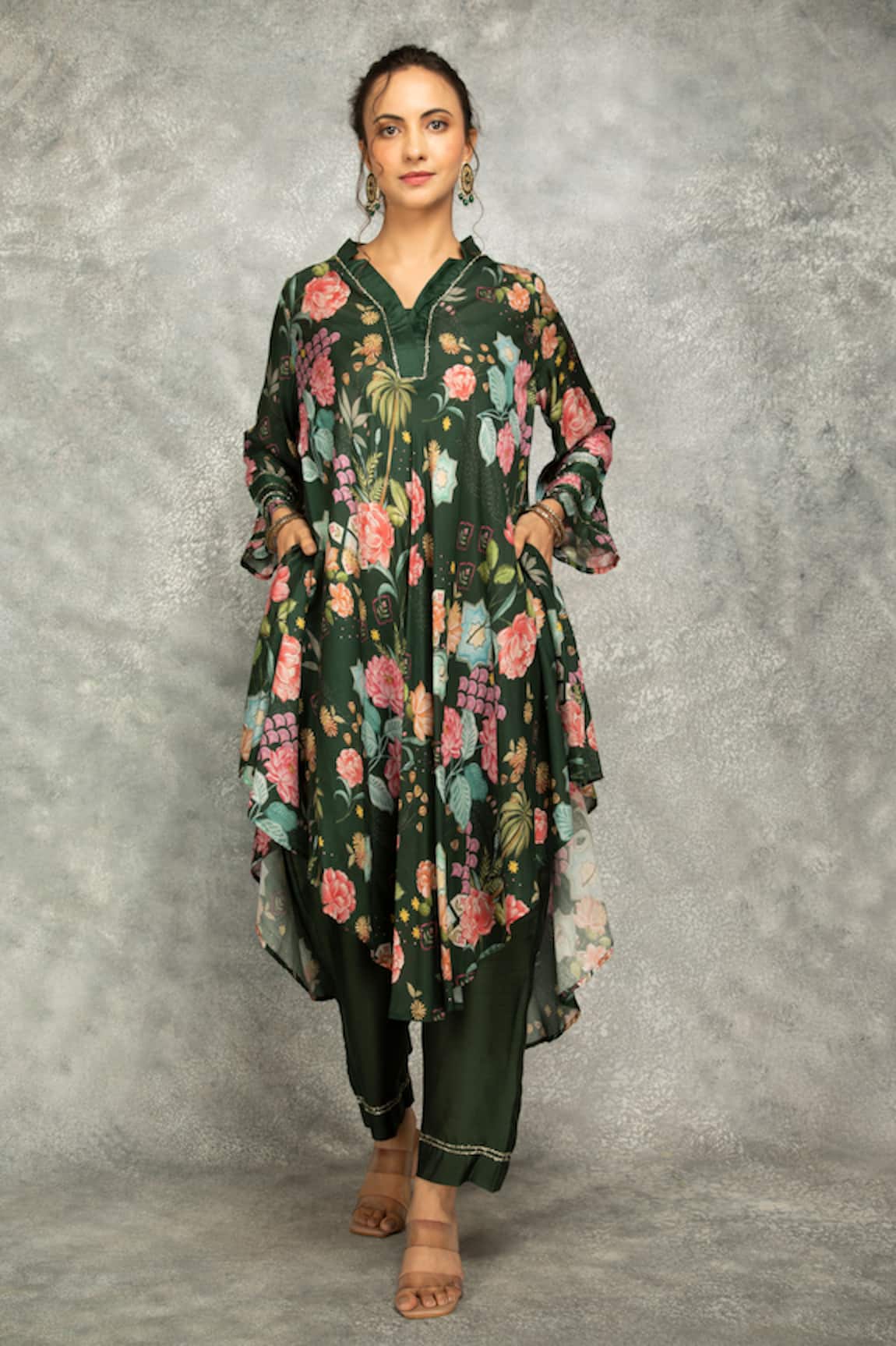 Tanu Malhotra Forest Green Printed High Low Kurta Set 