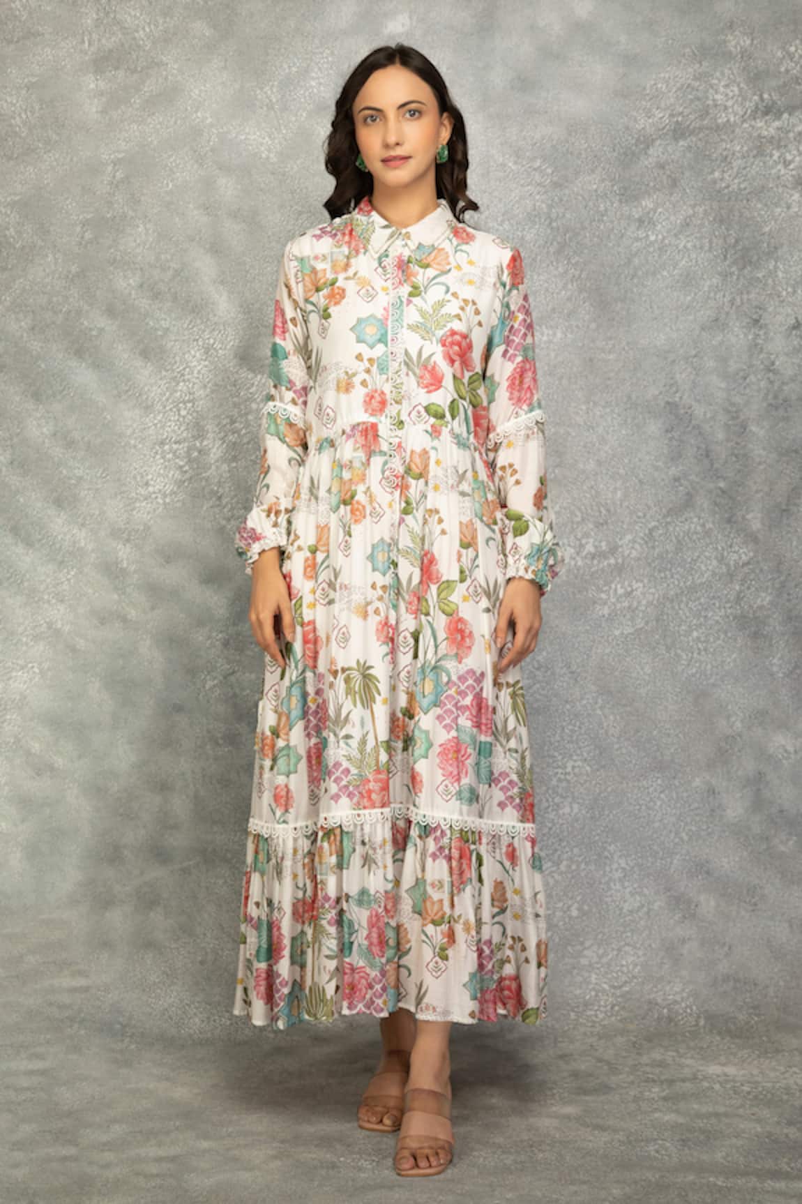 Tanu Malhotra Floral Printed Cotton Silk Maxi Dress 