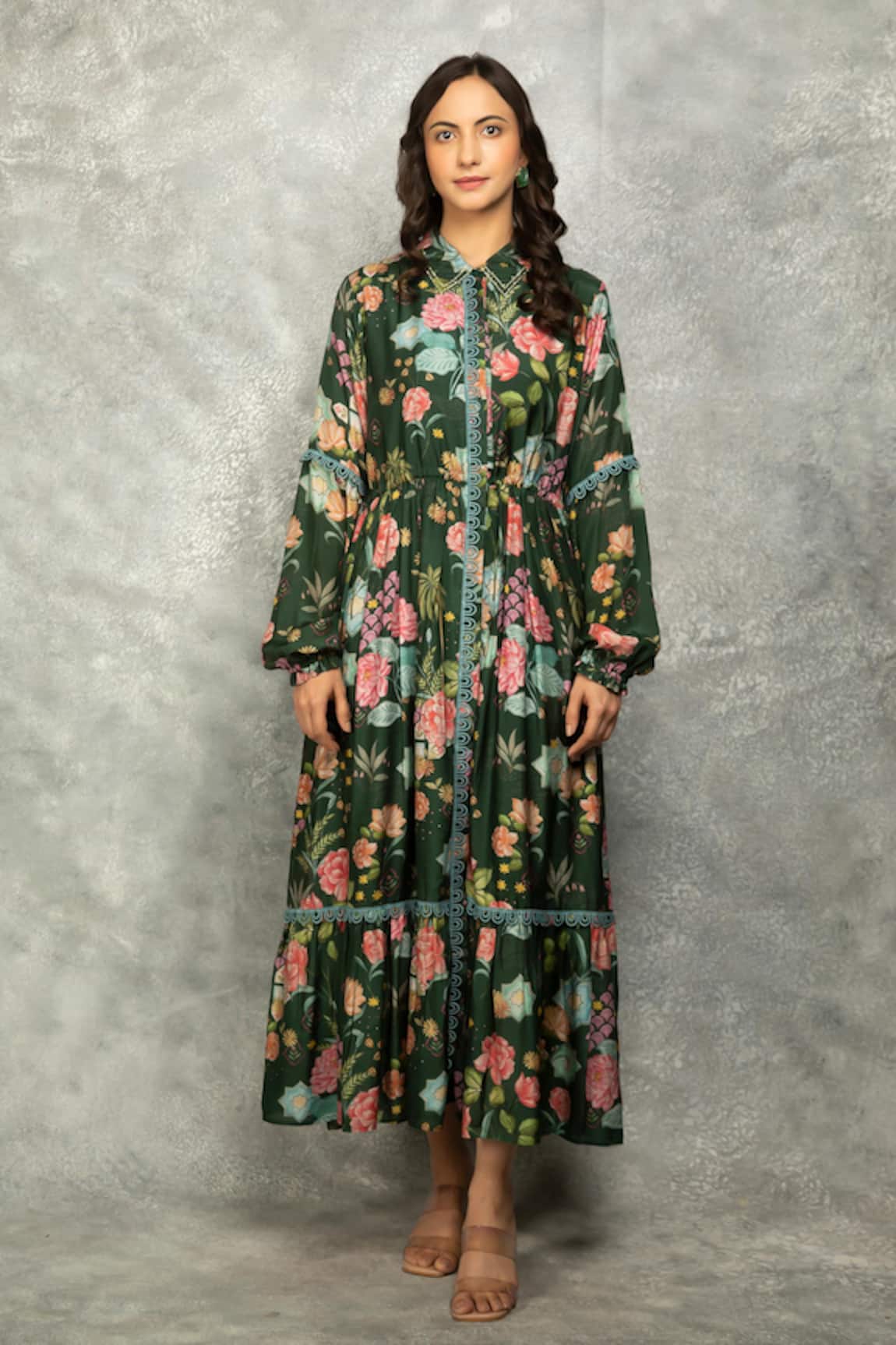 Tanu Malhotra Floral Printed Cotton Silk Midi Dress 