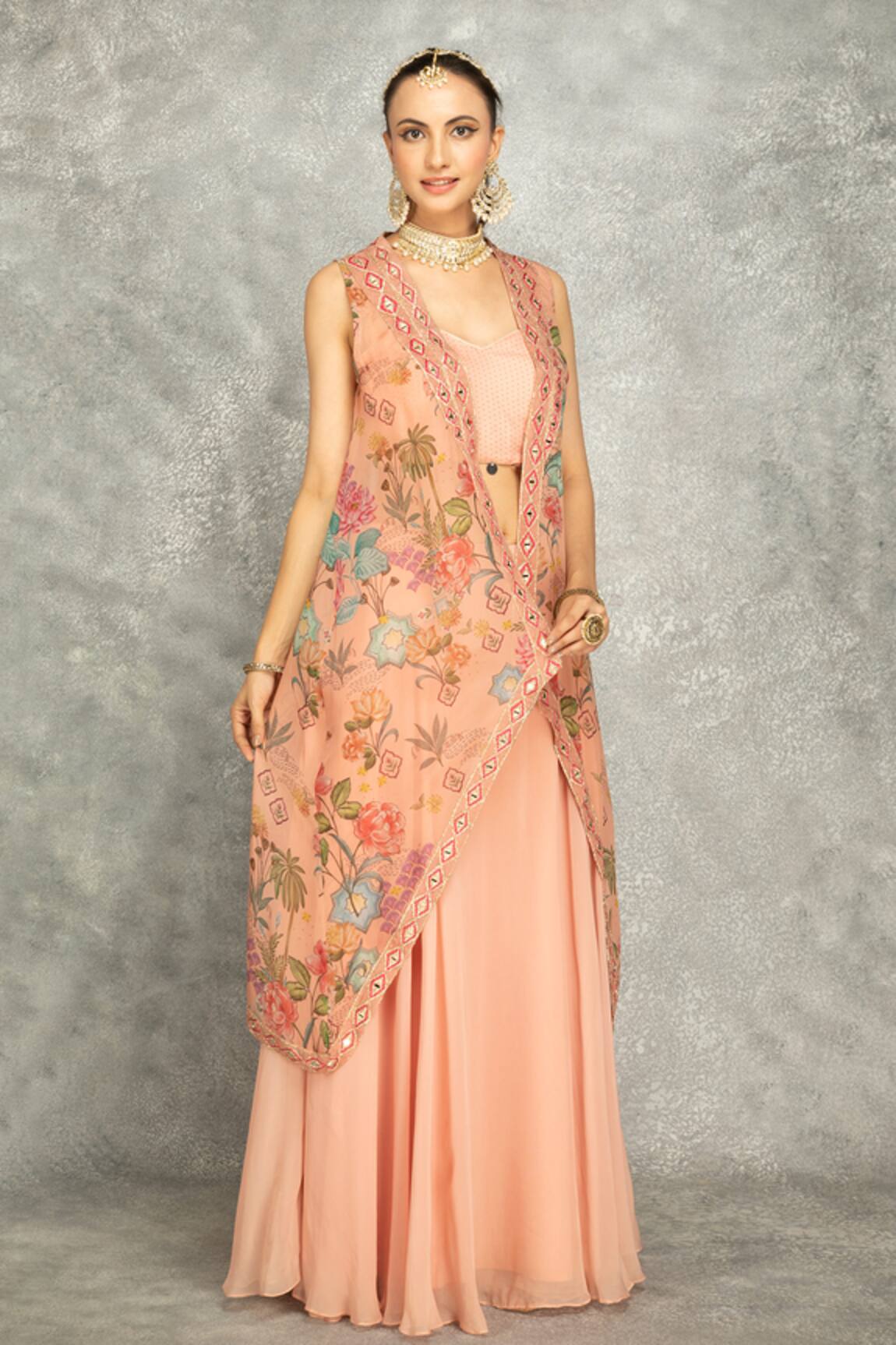 Tanu Malhotra Peach Mirror Embroidered Cape Skirt Set 
