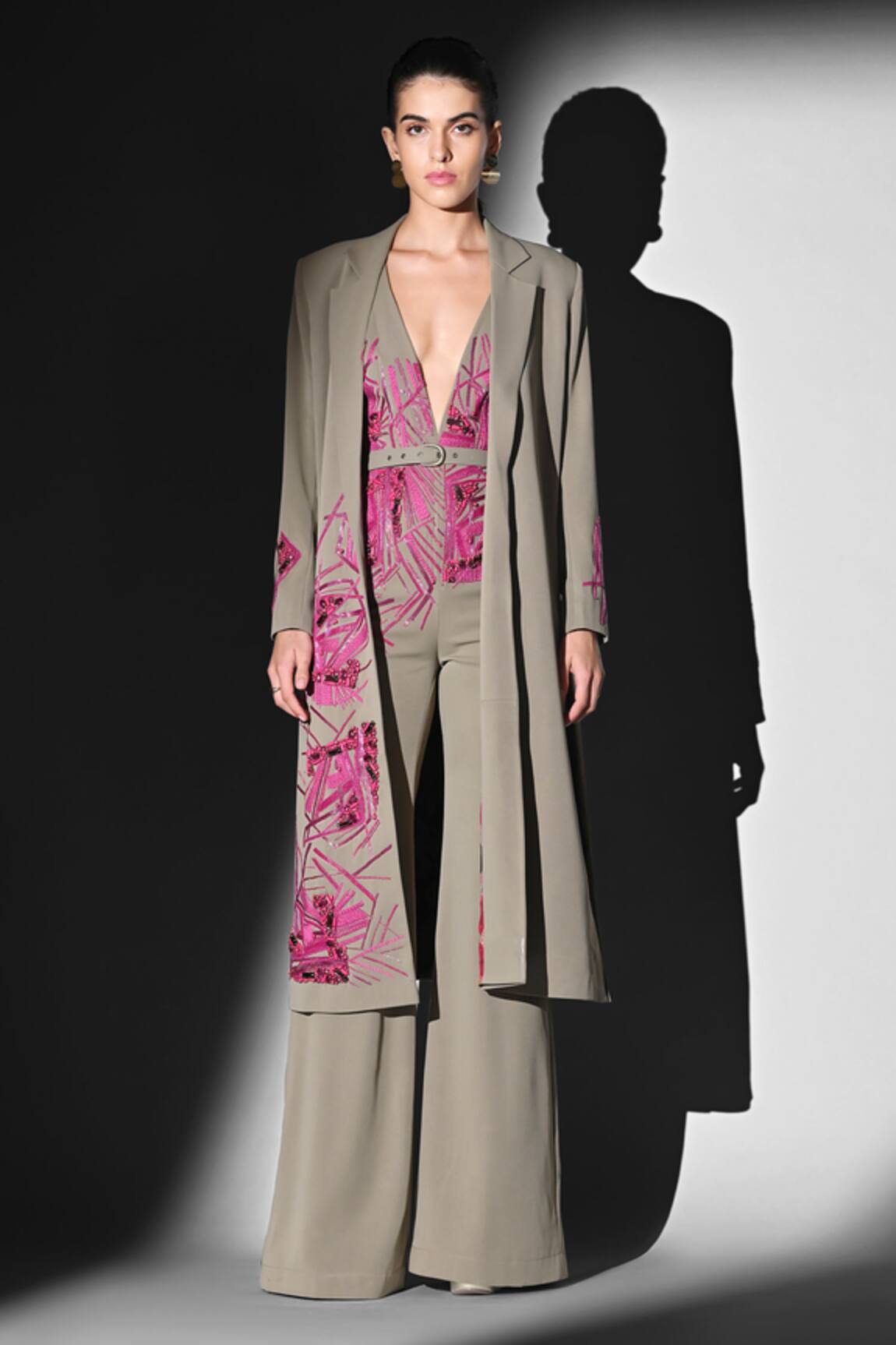 Nikita Mhaisalkar Beige Jumpsuit with Fuschia Embroidery 