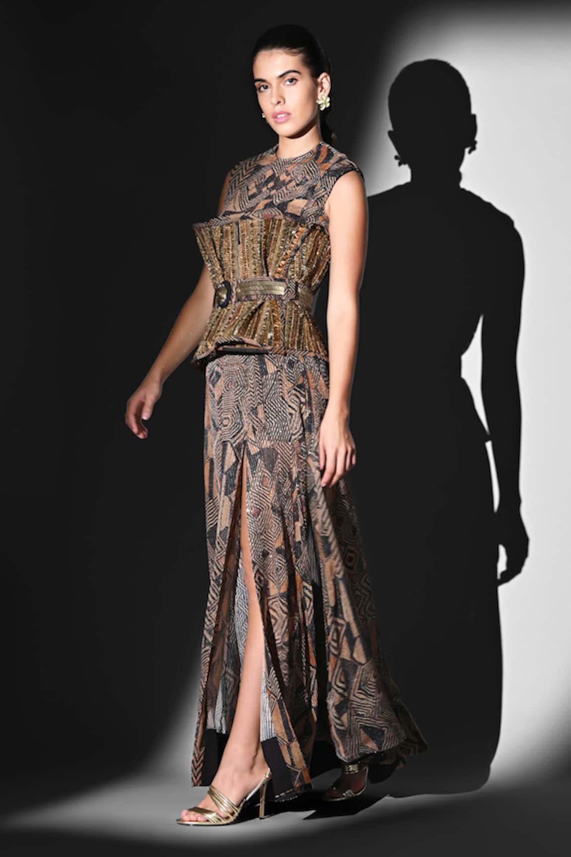 Nikita Mhaisalkar Brown Geometric Print Bodysuit & Skirt Set 